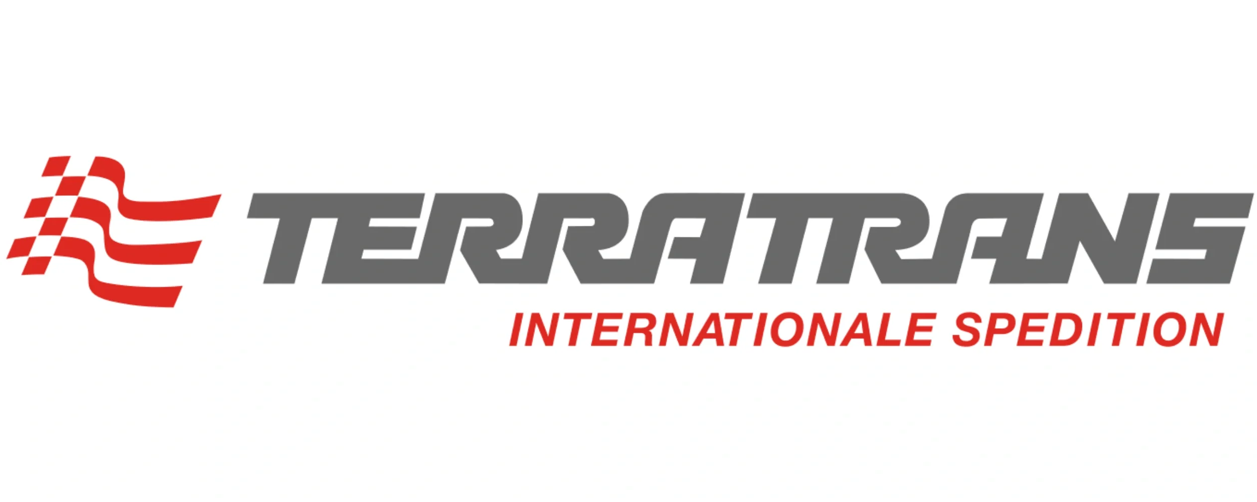 Logo von Terratrans, einer internationalen Speditionsfirma, mit einem roten, stilisierten Flaggenmuster an der linken Seite, dem Namen 'TERRATRANS' in grauer Schrift, und dem Slogan 'INTERNATIONALE SPEDITION' in roter Schrift darunter.