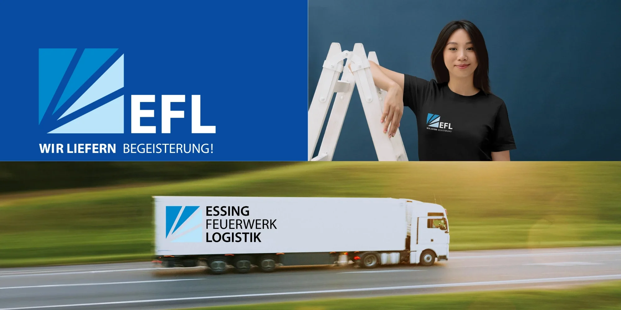 Ein Lkw fährt auf einer Autobahn mit dem Logo der Firma EFL, die sich auf Lieferung, Feuerwehr, Logistik spezialisiert hat. Im Hintergrund ist eine Frau mit schwarzen Haaren, die ein schwarzes T-Shirt mit dem EFL-Logo trägt, und eine Leiter. Der Hintergrund ist blau, das Bild vermittelt den Eindruck von Transport und Logistik.