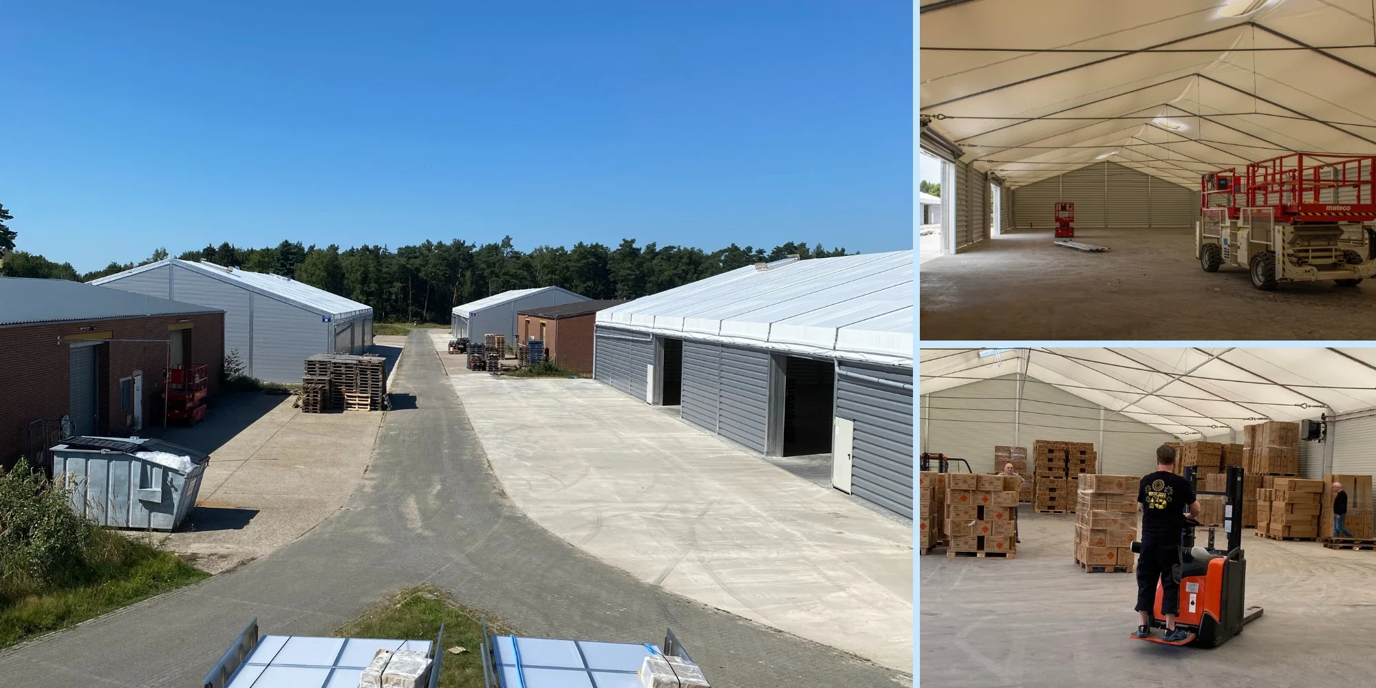 Bilder eines Lager- und Fabrikationsgebäudes. Das große Außenbild zeigt eine Reihe von Lagerhallen mit offenen Toren. Die Innenbilder zeigen eine leere Halle mit Hochhubwagen, Paletten und Mitarbeiter beim Verladen von Kartons.