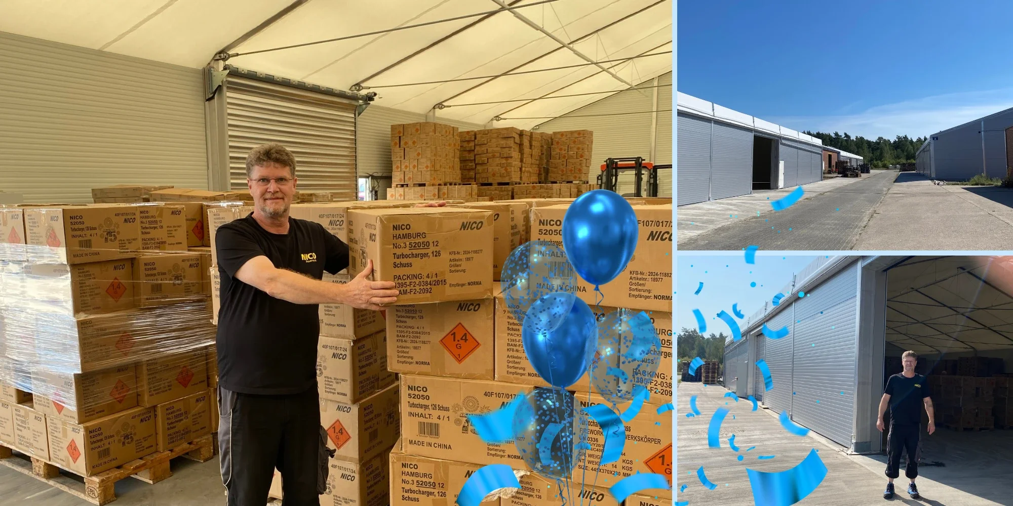 Mann mit schwarzen T-Shirt steht vor gestapelten Kartons in einem Lagerhaus. Zwei Bilder zeigen das Lagerhaus von außen, mit einer Halle und Wolken am Himmel. Es gibt blaue Ballons und blaue Konfetti im Bild.