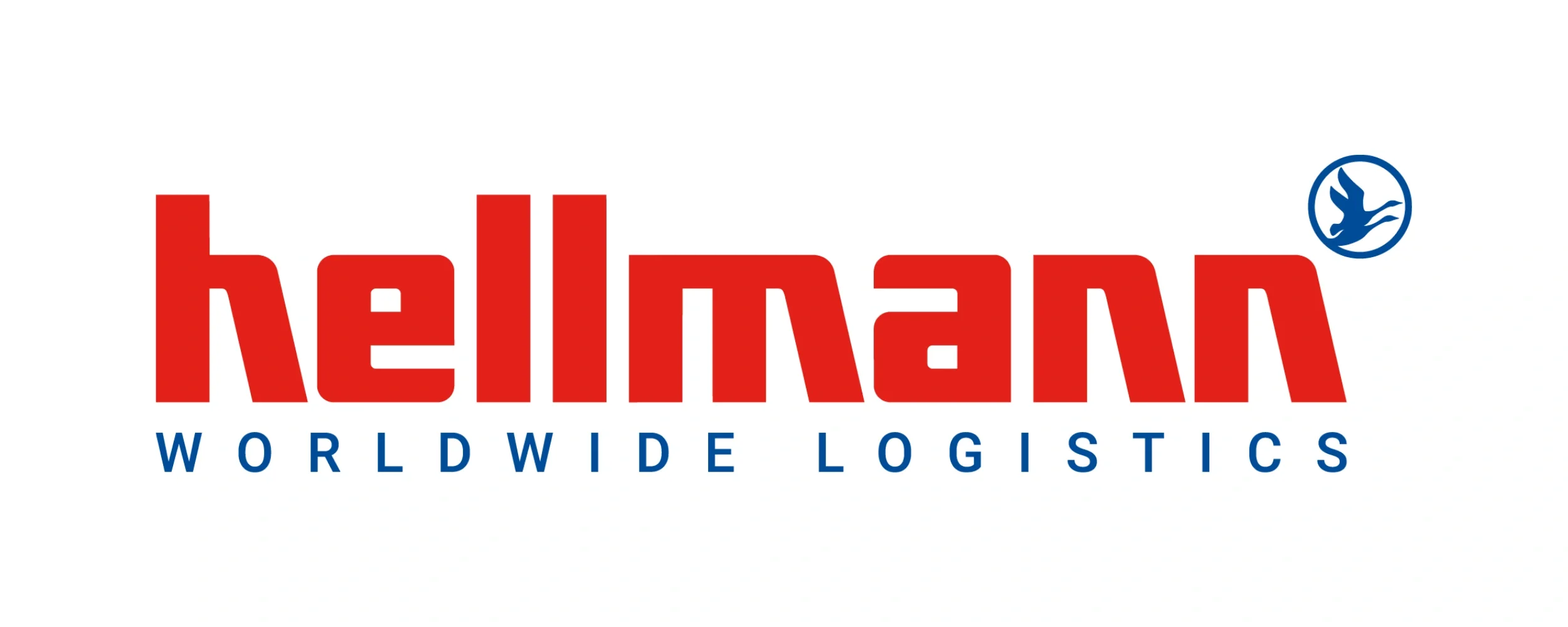 Logo von Hellmann Worldwide Logistics, mit rotem Schriftzug und blauer Taube in Kreisborder