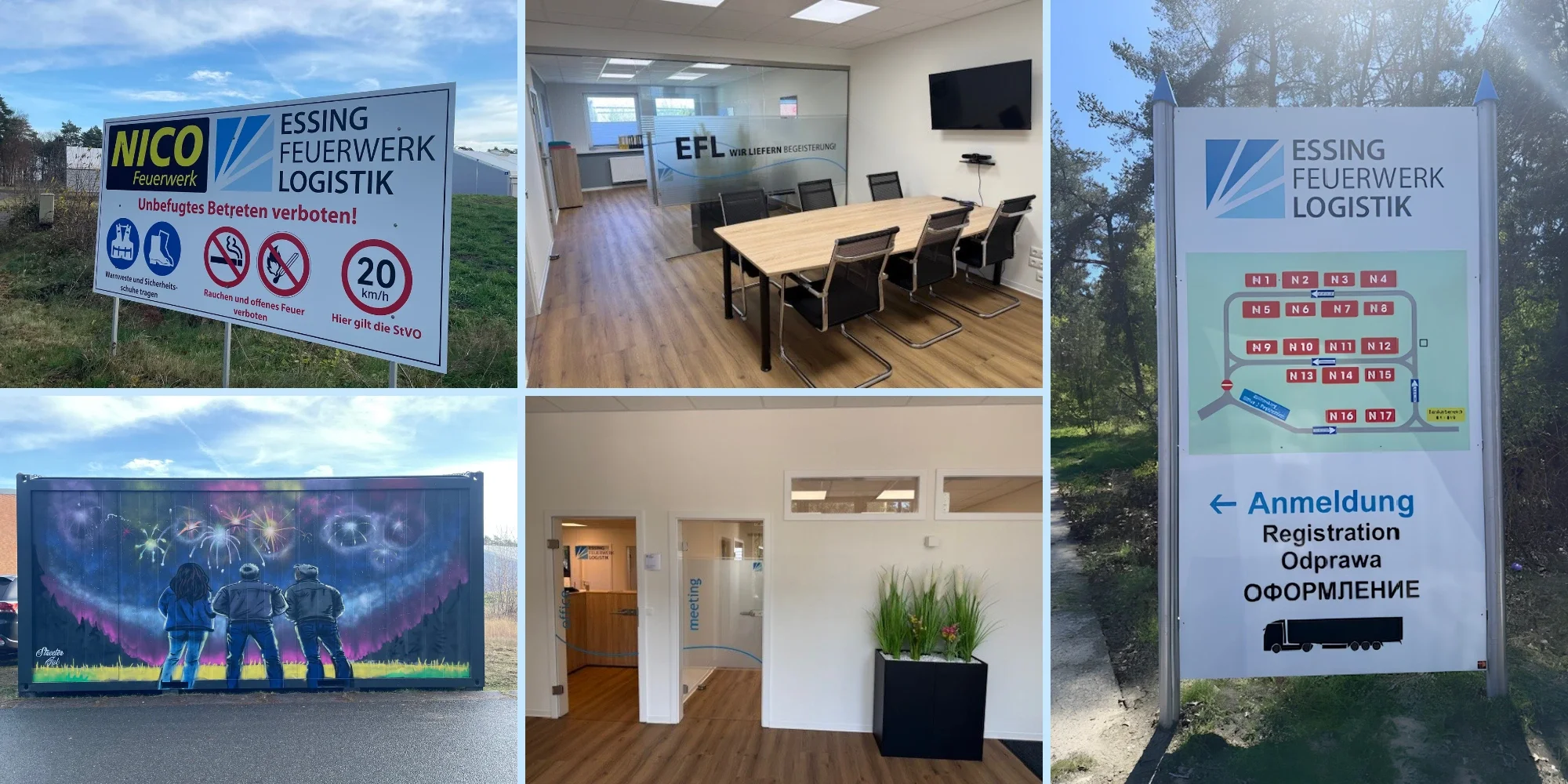Collage aus mehreren Bildern: ein Firmenschilder, ein Wartungsraum mit Sitzungsraum, eine Leitungskarten, eine Wandmalerei mit Kindern, eine Rezeption, und ein Laternenpfosten mit Wegbeschreibung.