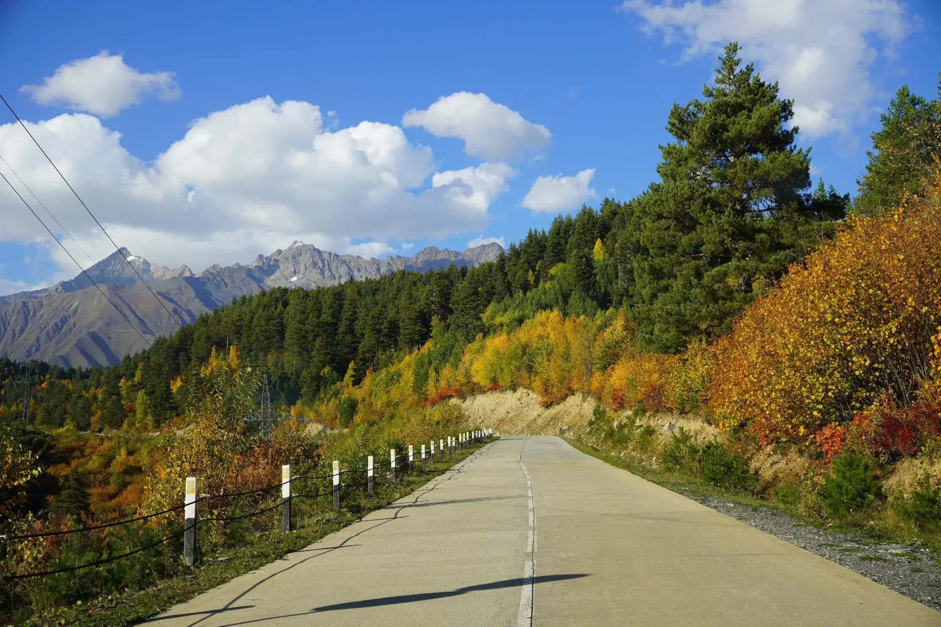 A winding mountain road surrounded by colorful autumn trees with mountains and a blue sky with clouds in the background.