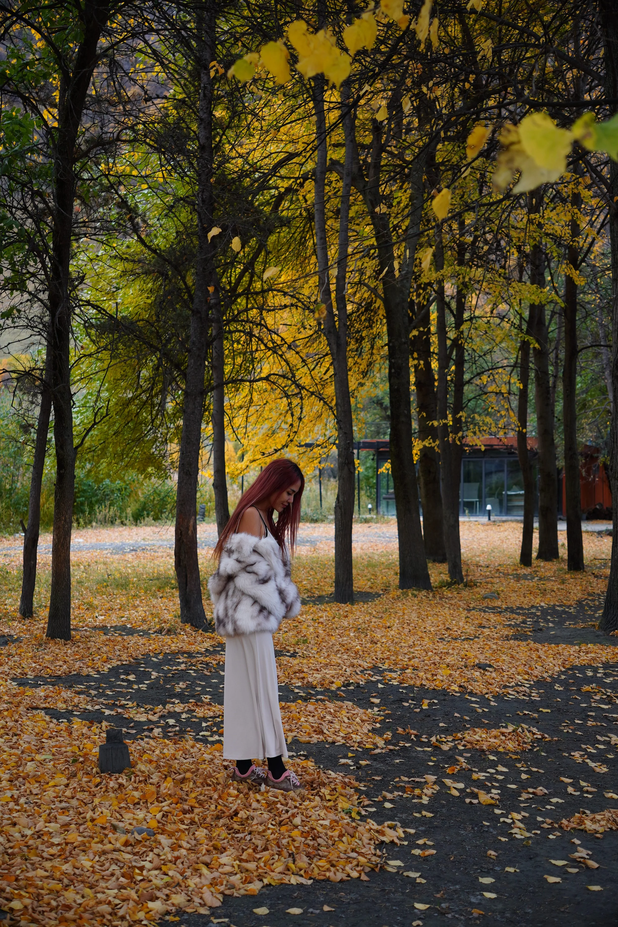 A woman with long red hair, wearing a white dress and a fur coat, is standing on a leaf-covered path in a park with autumn trees.