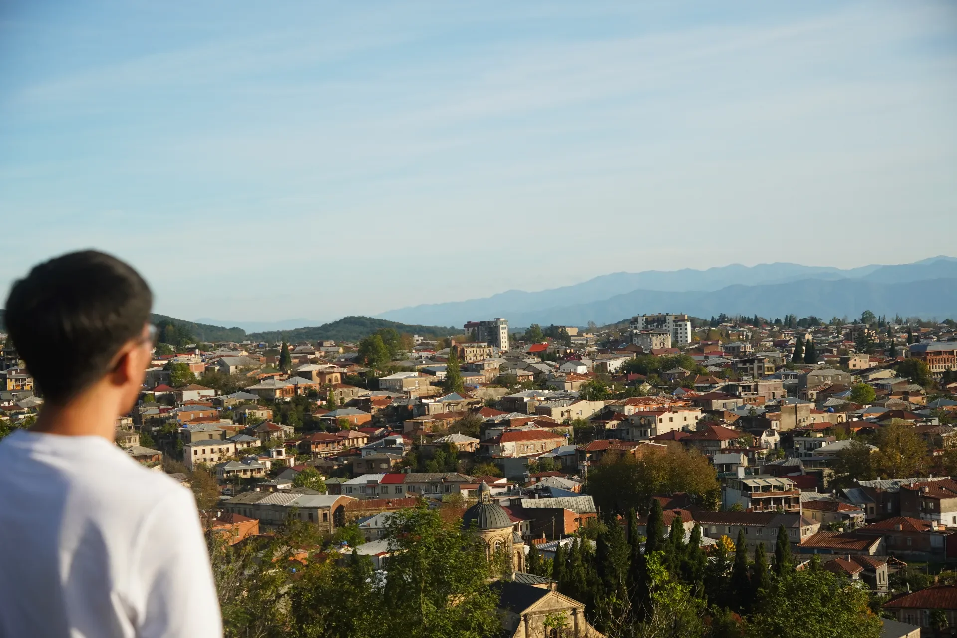 A person with short dark hair, wearing a white shirt, looking over a cityscape with numerous houses, trees, and distant mountains under a clear sky.