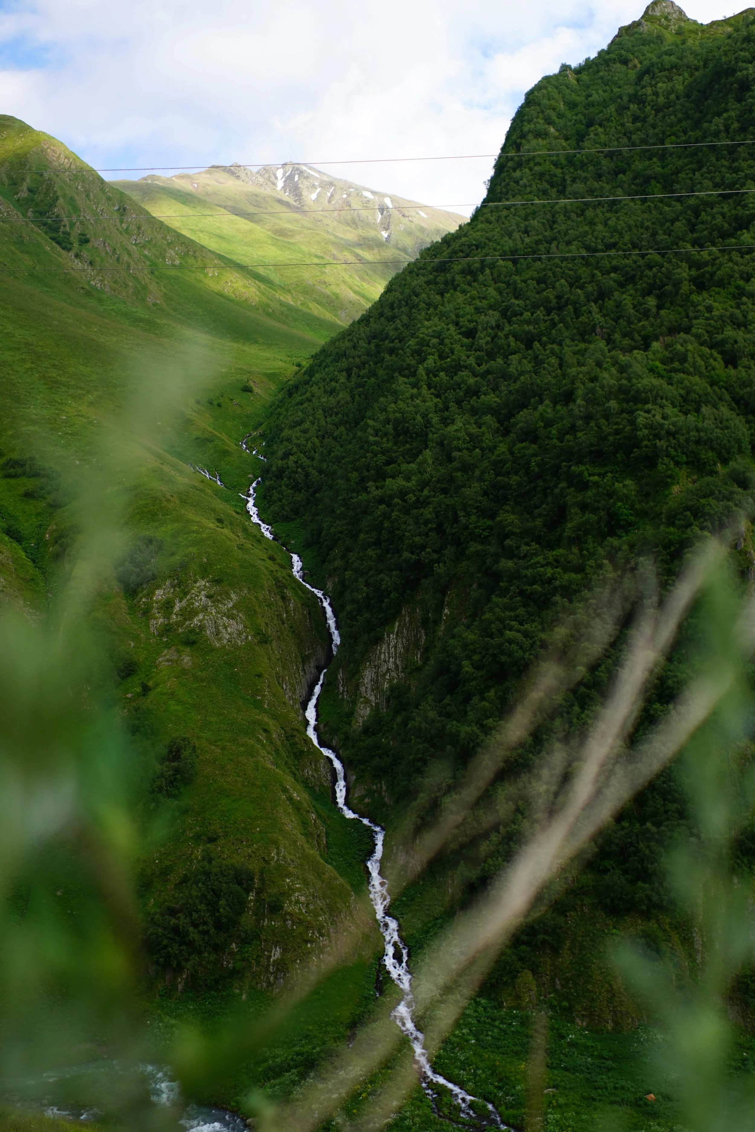 A lush green mountain landscape with a winding stream flowing down the valley, surrounded by dense trees and grass-covered slopes.