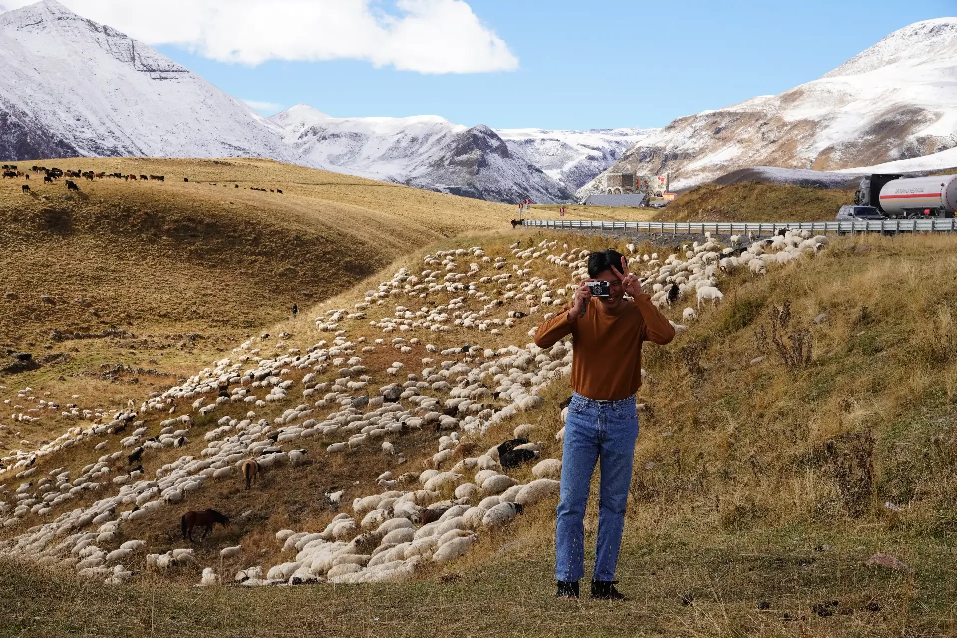 A person in a brown shirt and blue jeans taking a photo with a camera, standing on a hillside with a flock of sheep, grassy fields, and snow-capped mountains in the background.