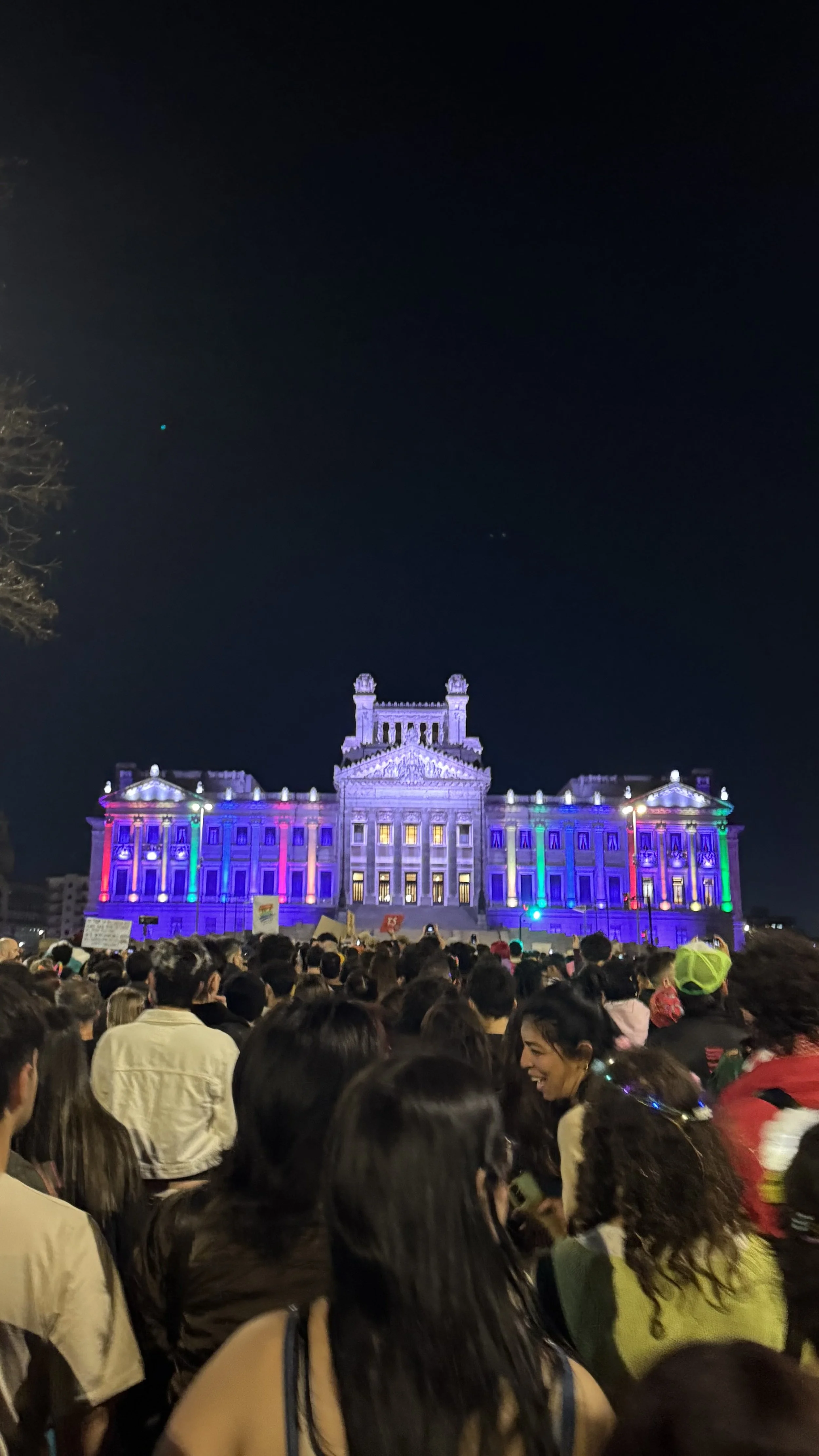 Large crowd of people gathered in front of a grand government building at night, illuminated with colorful lights.