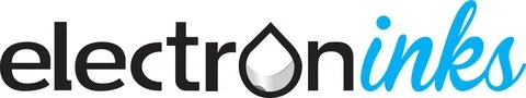 Logo of electronic inks with the words 'electronic' in black and 'inks' in blue, featuring a water droplet icon.