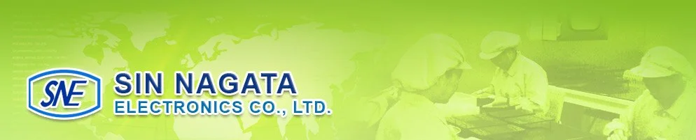 Logo and text for Sin Nagata Electronics Co., Ltd., with an image of workers in a cleanroom assembling electronic components.