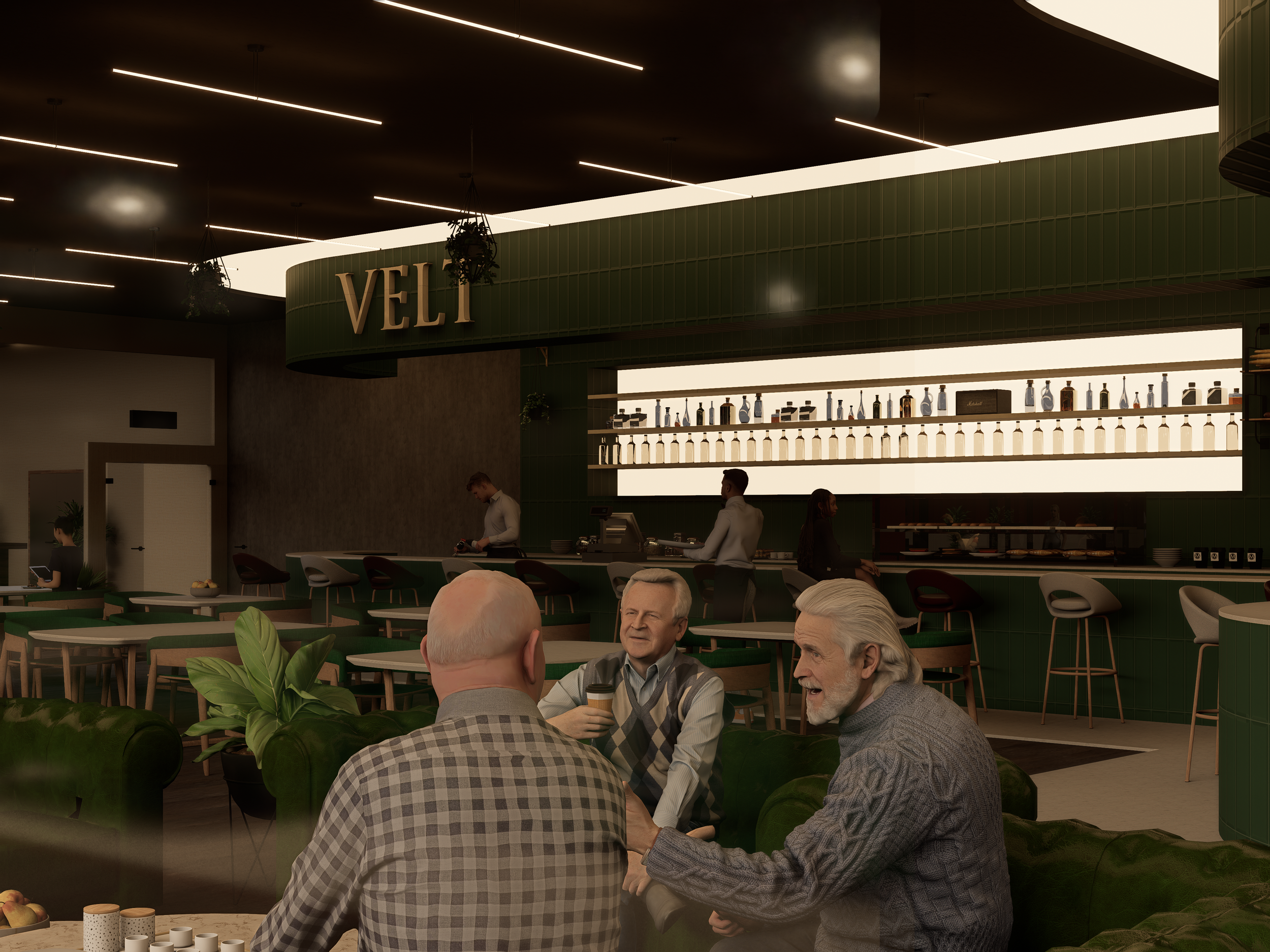 Interior of a modern bar or restaurant with three elderly men having a conversation and enjoying drinks, a bar counter in the background with baristas, and shelves with bottles. The ceiling has unique linear light fixtures, and there are plants and stylish furniture.