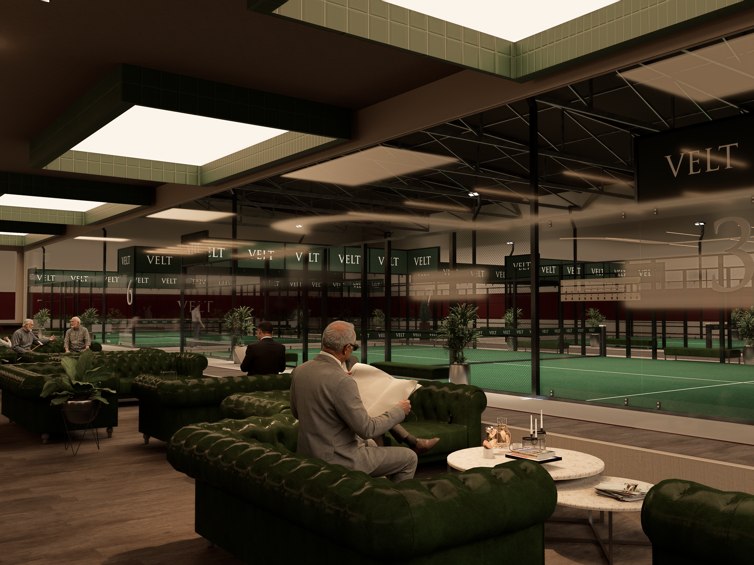 Interior of a modern indoor tennis facility with people sitting on green leather sofas, reading and conversing, while tennis courts are visible through glass walls with 'Velt' signage, and potted plants decorate the lounge area.