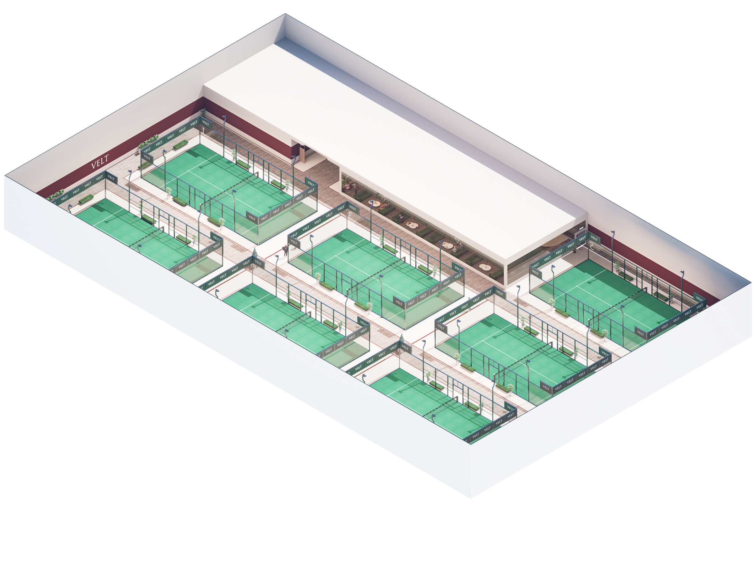 An indoor tennis facility with nine courts enclosed by glass walls, a shaded sitting area with benches, and surrounding lamps for outdoor lighting.