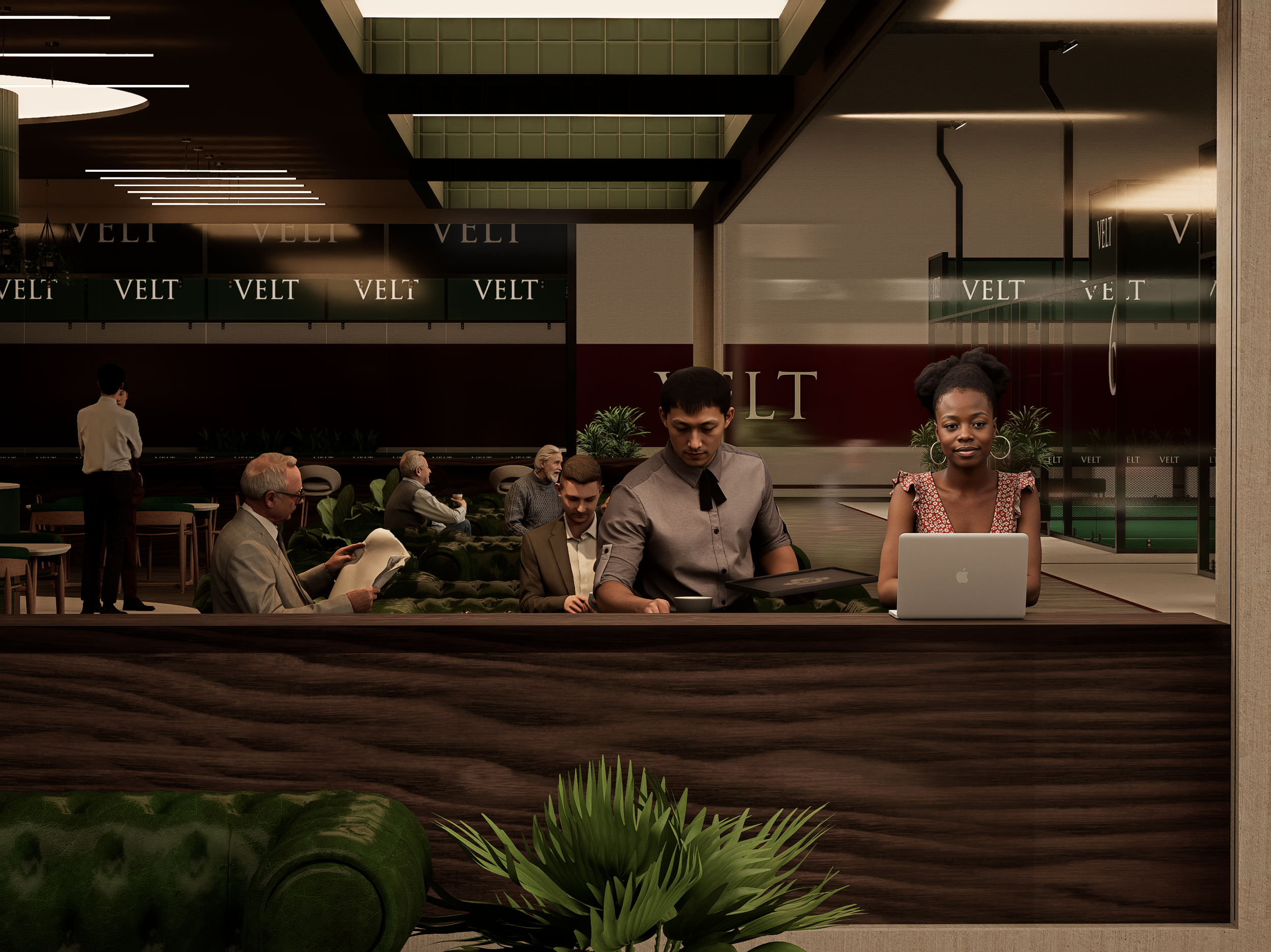 Inside a modern cafe or lounge area with people working and relaxing. Two women are at the counter, one with a laptop and the other with a tablet. Several seated patrons are reading or conversing, with a stylish, cozy interior design and the word 'VLT' displayed on the walls.