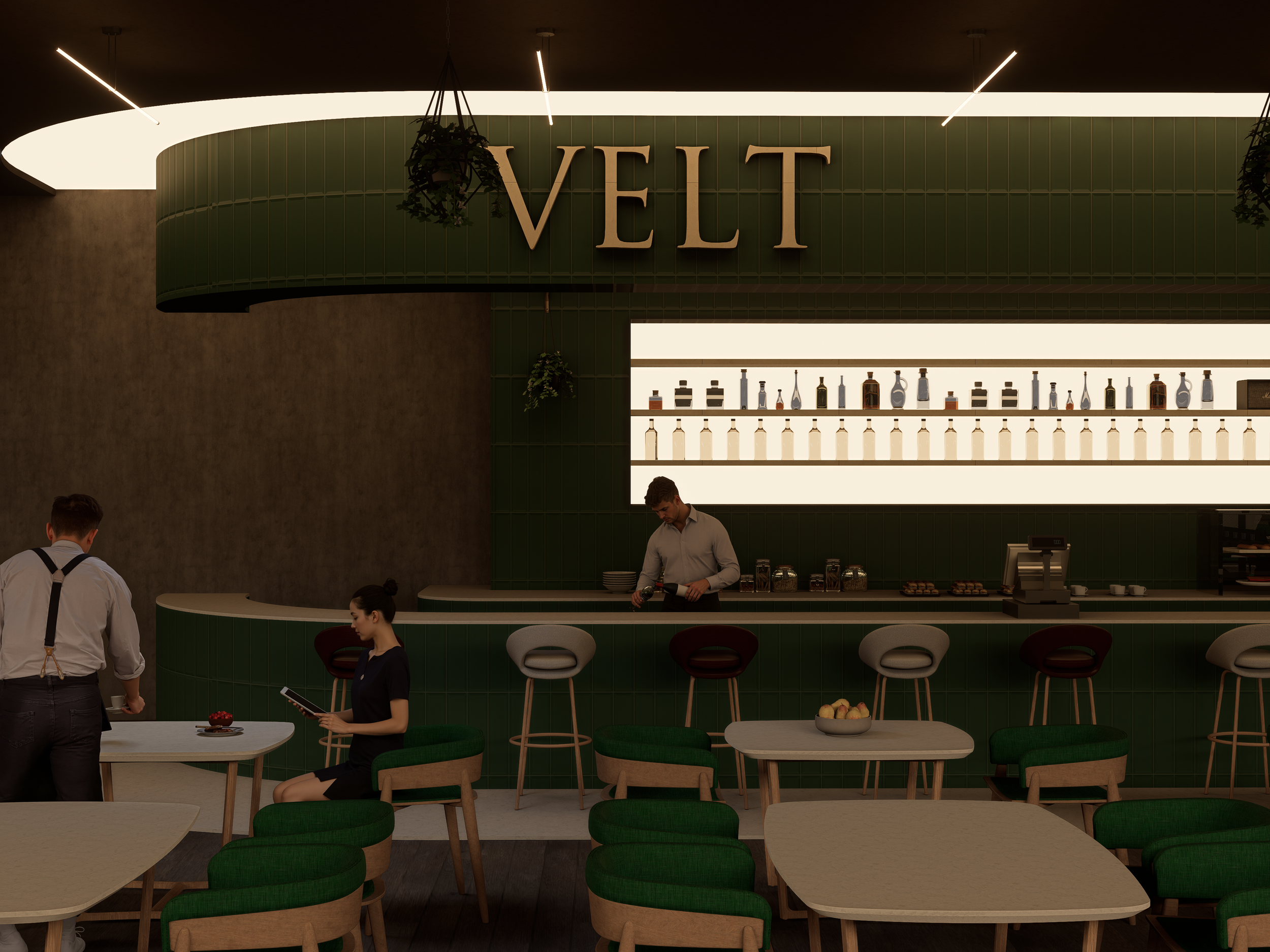 Interior of a modern cafe with a bar counter labeled 'VELT', wine and liquor bottles on shelves, a barista preparing drinks, and customers seated at tables, one woman using a tablet.