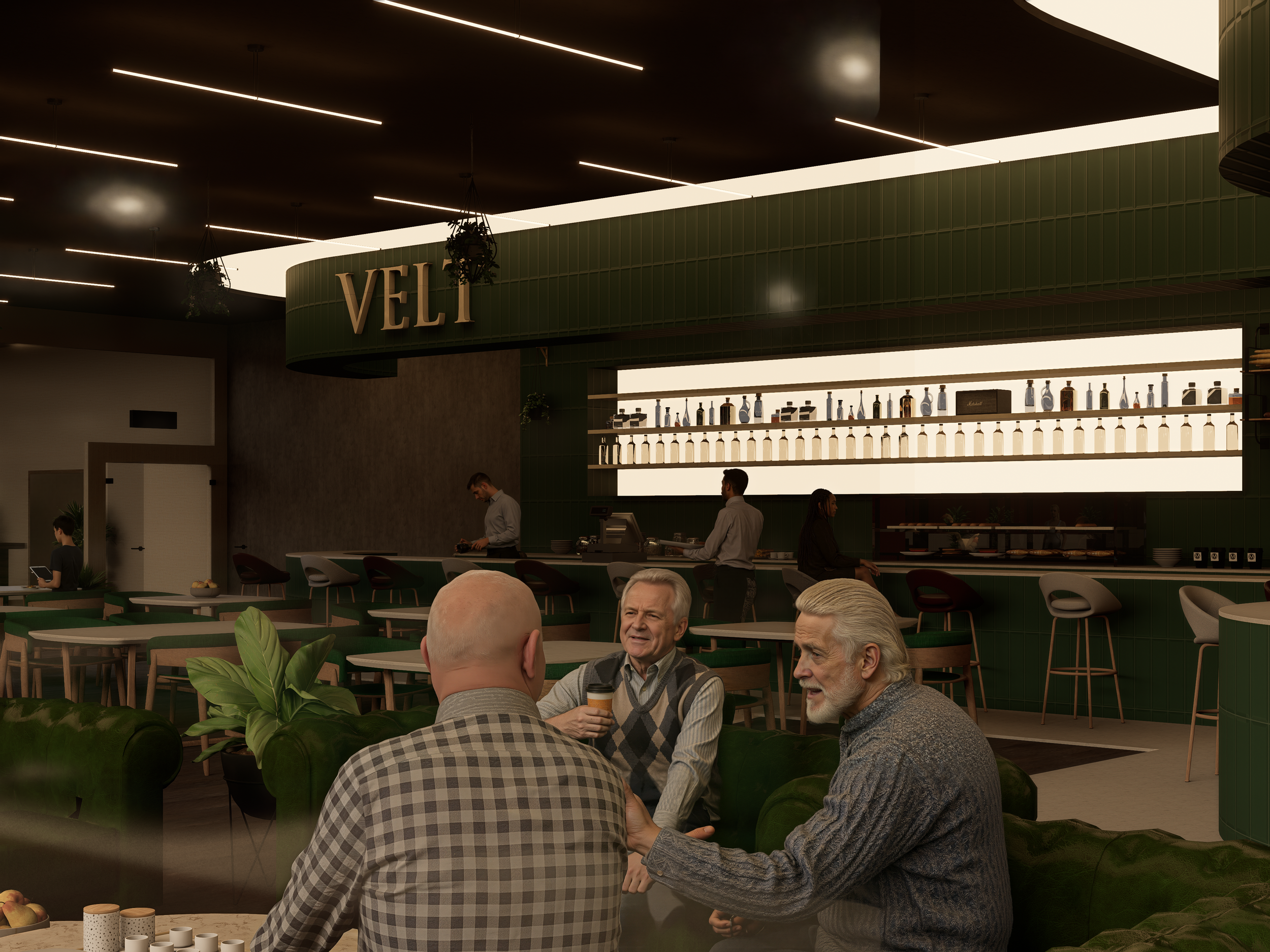 Three older men talking and drinking beer in a modern restaurant or bar called VELT, with a bar counter, bartenders working, and a backlit shelf with bottles in the background.