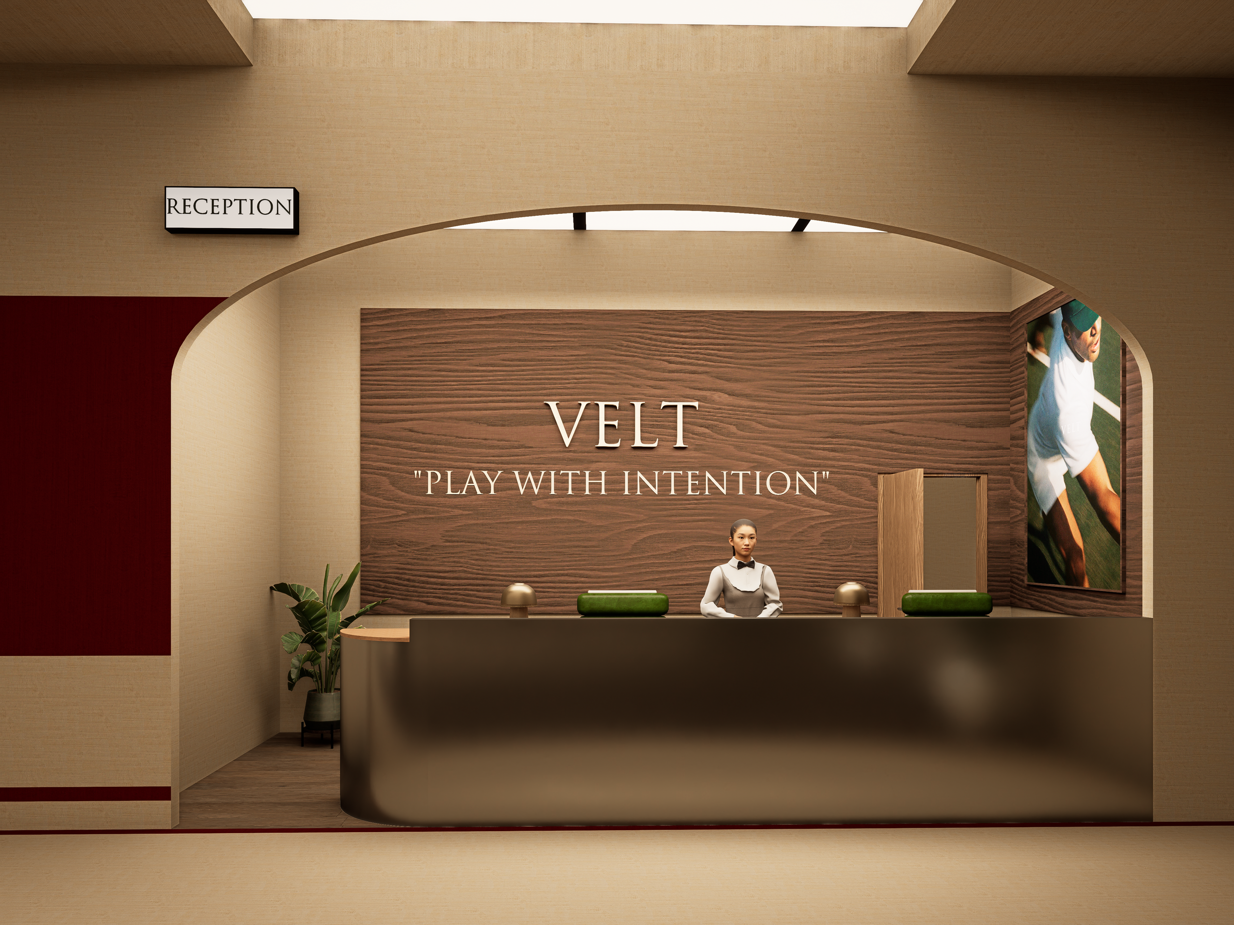 Hotel reception area with a modern curved front desk, a female receptionist, a wooden wall with the hotel name 'VELT' and the slogan 'Play with Intention,' a reception sign, a potted plant, and a large framed photograph of a man on a sports field.