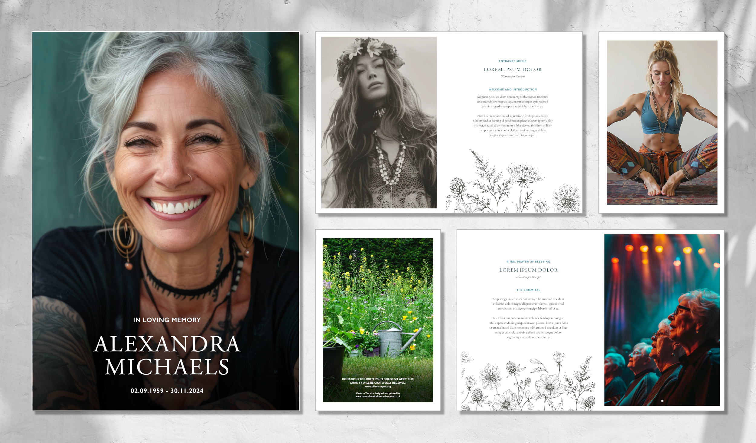 Memorial display with a large portrait of an elderly woman smiling, event details, floral illustrations, a photo of a woman in nature, a woman practicing yoga, a garden scene with watering cans, a poetry page, and a concert photo with audience in lights.