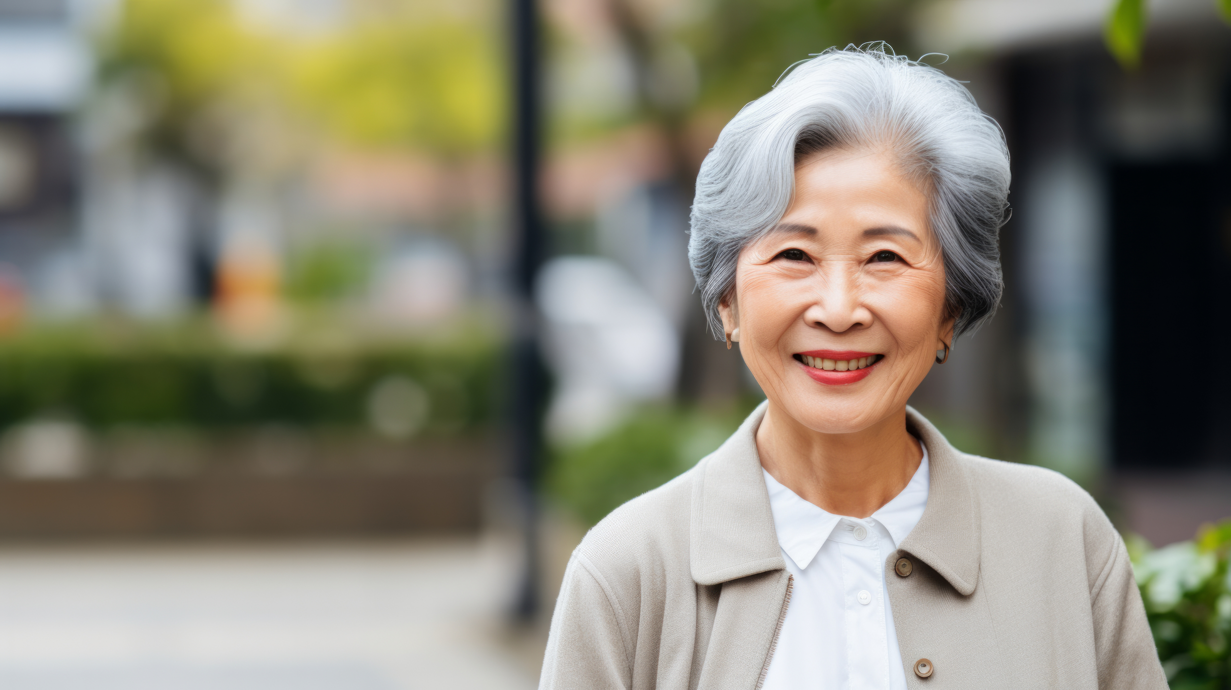 A smiling elderly woman with gray hair standing outdoors in a park or garden.