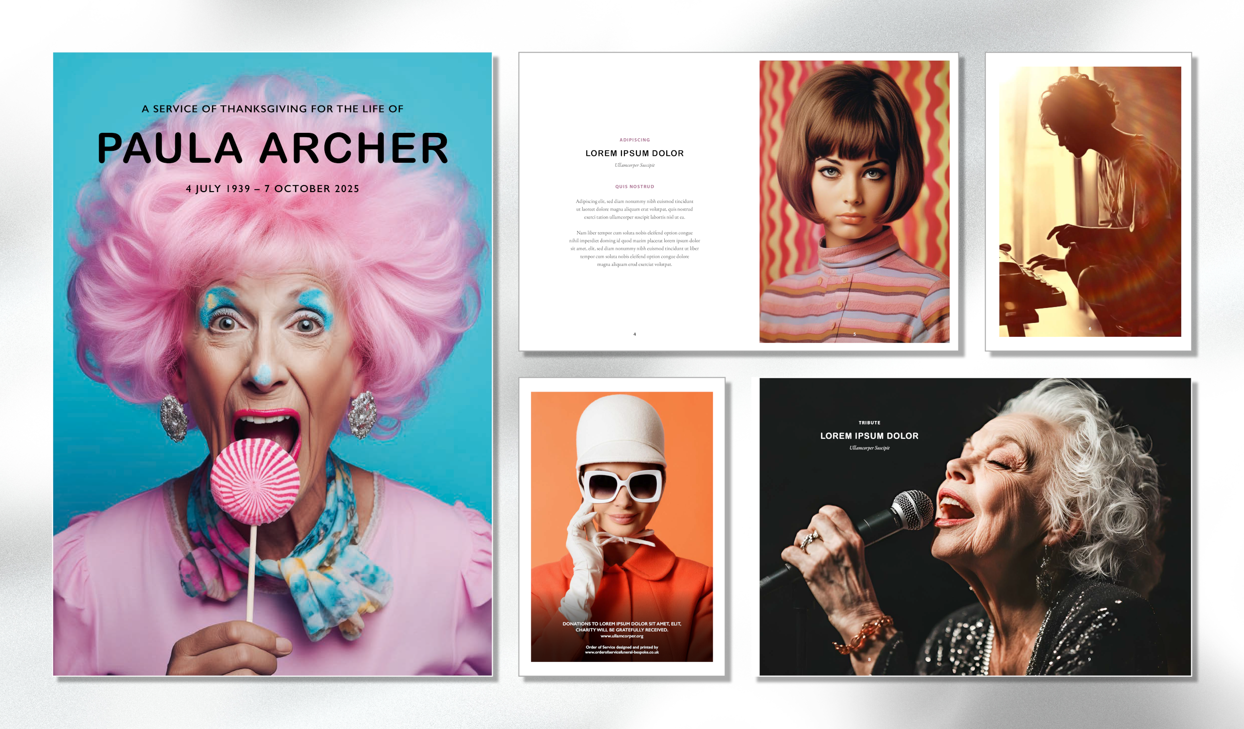 Collage of colorful, vibrant photographs. Portrait of an older woman with pink hair, blue makeup, holding a pink and white swirled lollipop. Portrait of a young woman with a bob haircut, wearing a striped shirt, with a wavy colorful background. Side profile of a woman playing a keyboard with sunlight. Portrait of a woman with white hair singing into a microphone, wearing black, with a dark background. Portrait of a woman in sunglasses and a white hat, wearing an orange outfit, against an orange background.