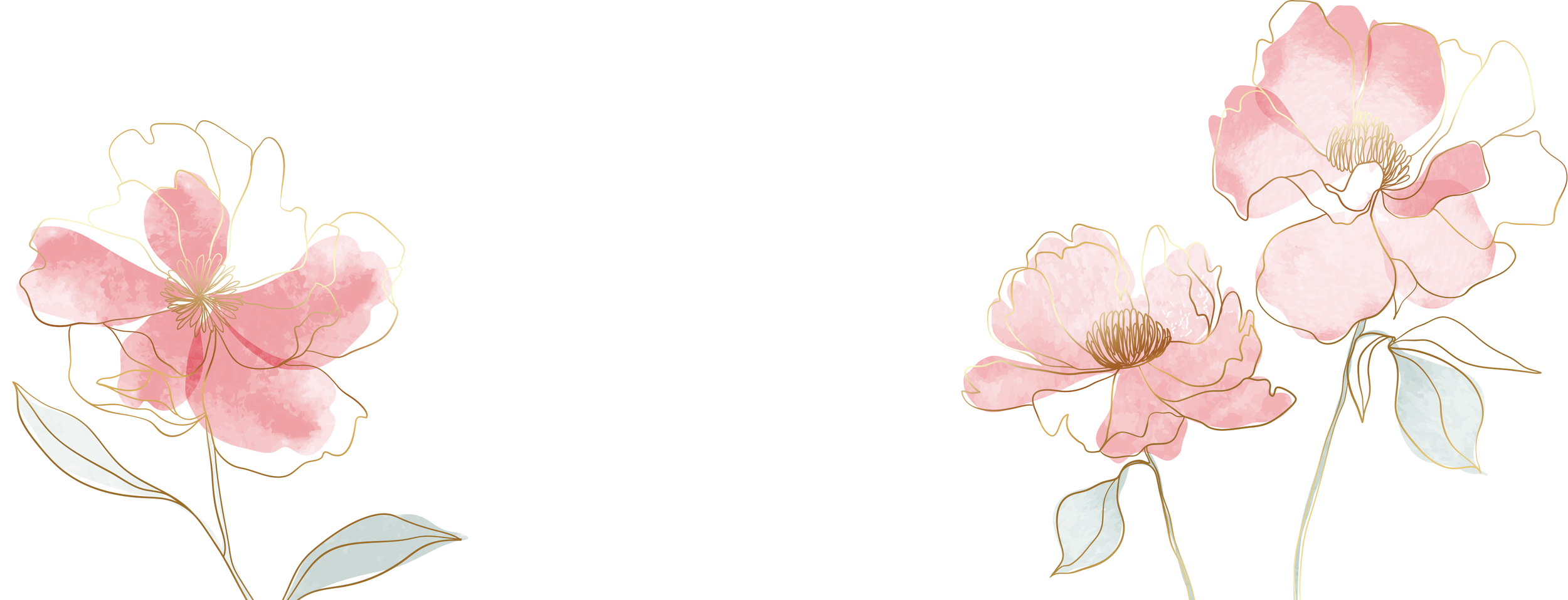 Elegant watercolor-styled pink flowers with light green leaves on white background.