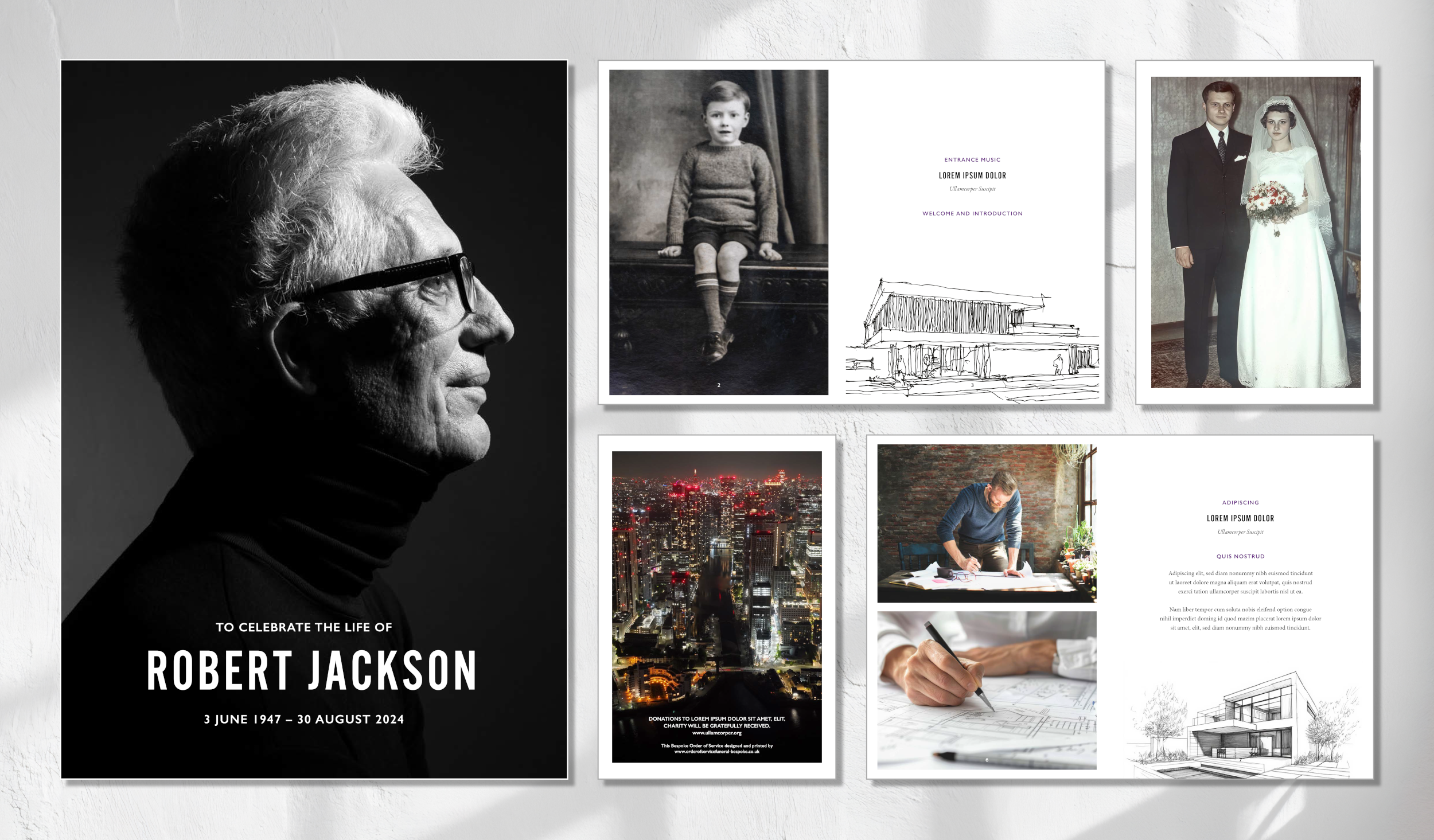 Collage of tribute and wedding photos, including a black and white portrait of Robert Jackson, a childhood photo of a boy, a cityscape, and wedding and architectural images.