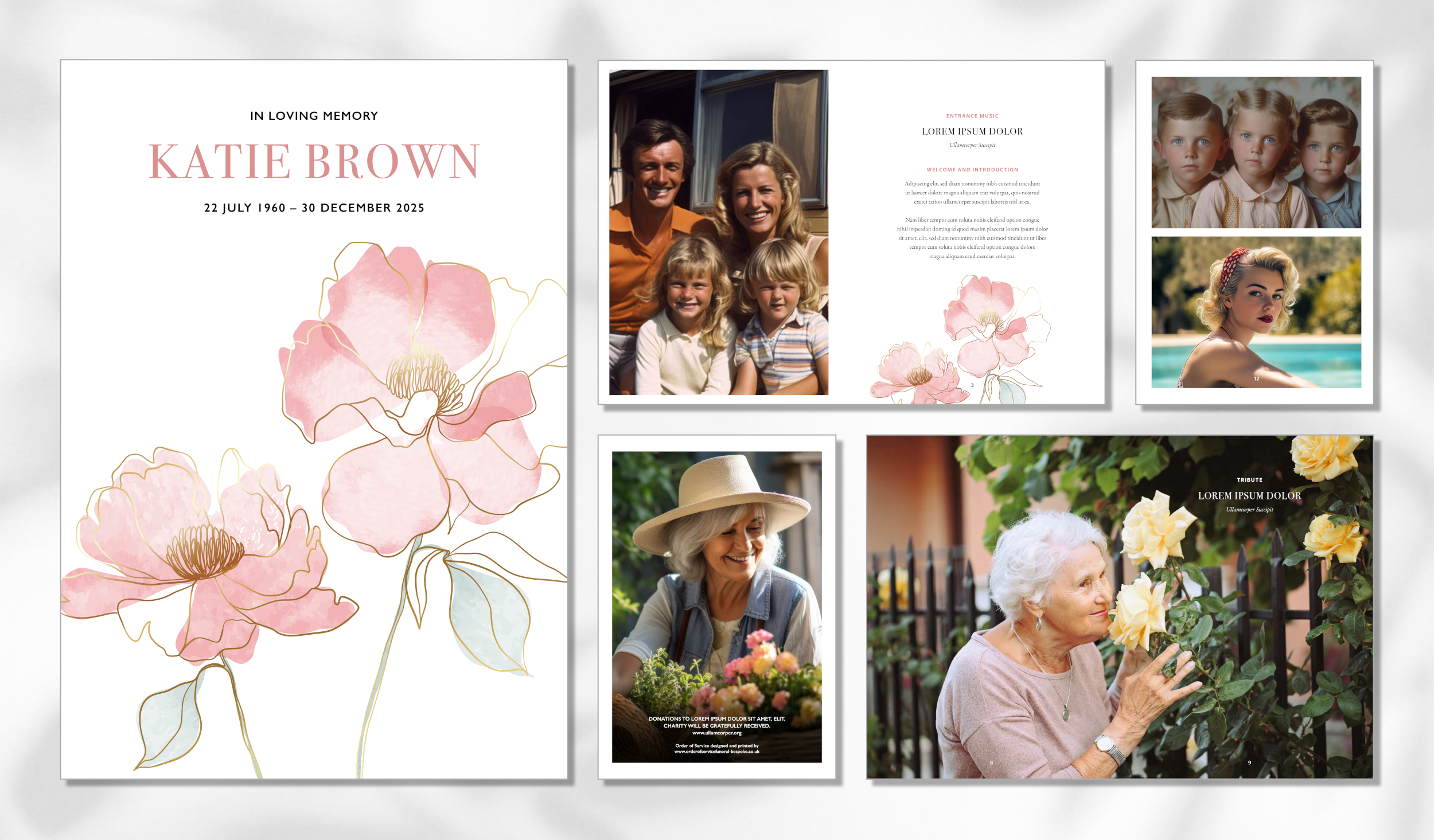 A memorial collage with a floral watercolor design, photos of a family, an elderly woman, and a young woman, with text honoring Katie Brown who lived from July 22, 1960, to December 30, 2025.