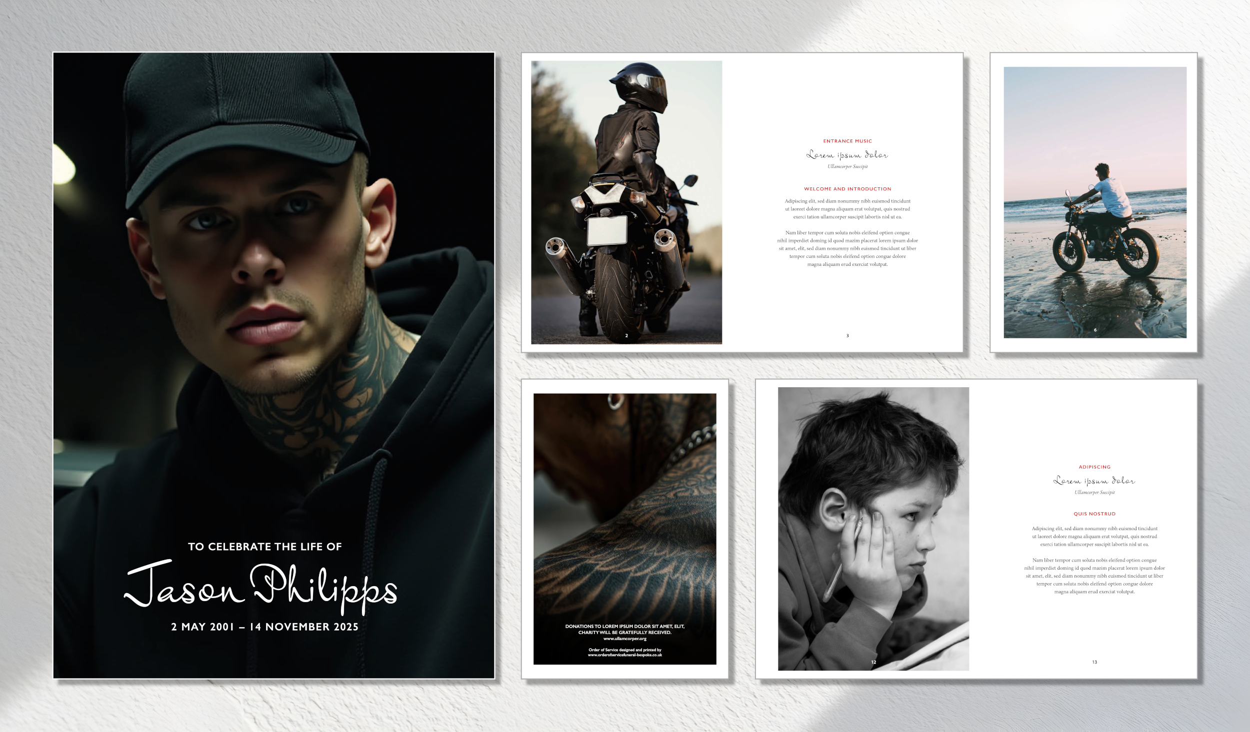 A collage of images for a memorial or tribute, featuring a portrait of a young man with tattoos, a motorcycle rider on a sportbike, a person riding a dirt bike on the beach, a close-up of tattooed arm, and a boy with a thoughtful expression. Text indicates it is in memory of Jason Philipps, born May 2, 2001, died November 14, 2025.
