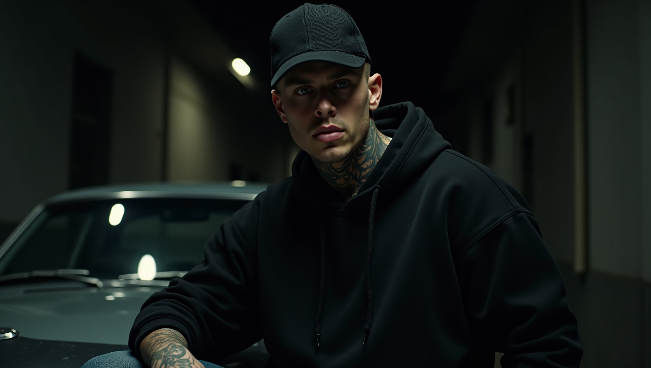 Young man with tattoos wearing a black hoodie and cap, sitting in a dimly lit garage in front of a classic car.