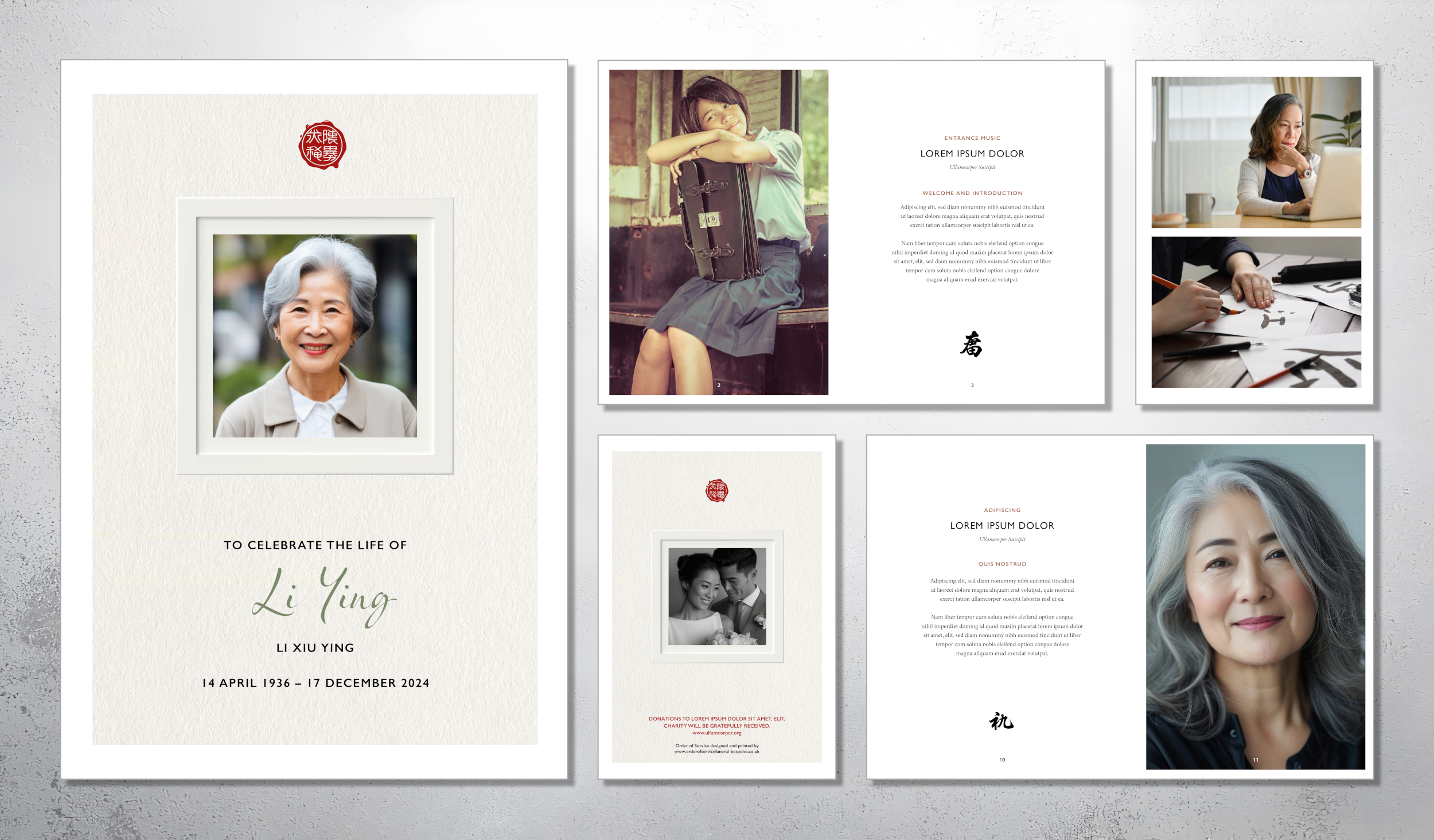 A collage of memorial or tribute page layout for Li Ying, including a large portrait of an elderly woman with gray hair smiling, a black-and-white wedding photo of a couple, and other images of women, some working at a computer or engaging in calligraphy, with text in English and Chinese characters.