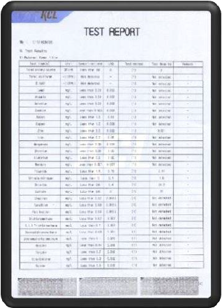 A test report sheet with columns and rows, containing data and measurements, attached to a clipboard.