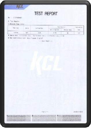 A test report form with a header labeled 'TEST REPORT', some printed data, and a large, faint 'KGL' watermark in the background.