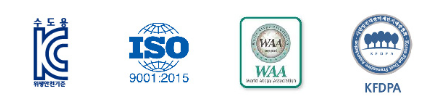 Four certification logos: a Korean certification mark, ISO 9001:2015 certification, WAA certification, and KFDA certification.