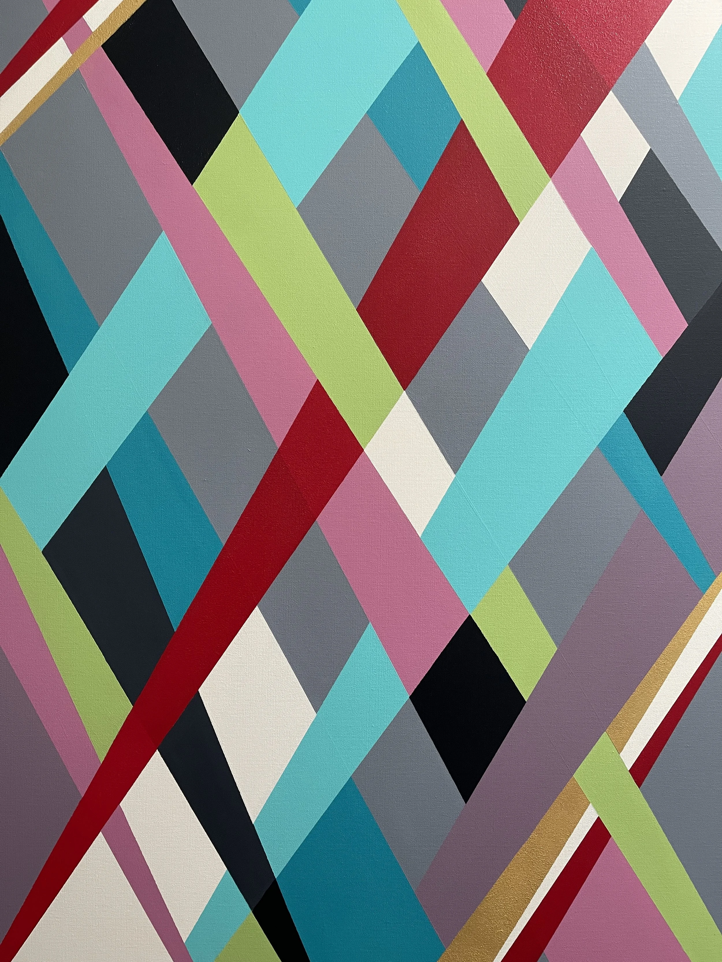 Studio Jacobson, Danny Jacobson. Series 6 # 7. An abstract geometric artwork with colorful interwoven ribbons including red, black, gray, pink, white, aqua, lime green, and gold, creating a layered pattern.