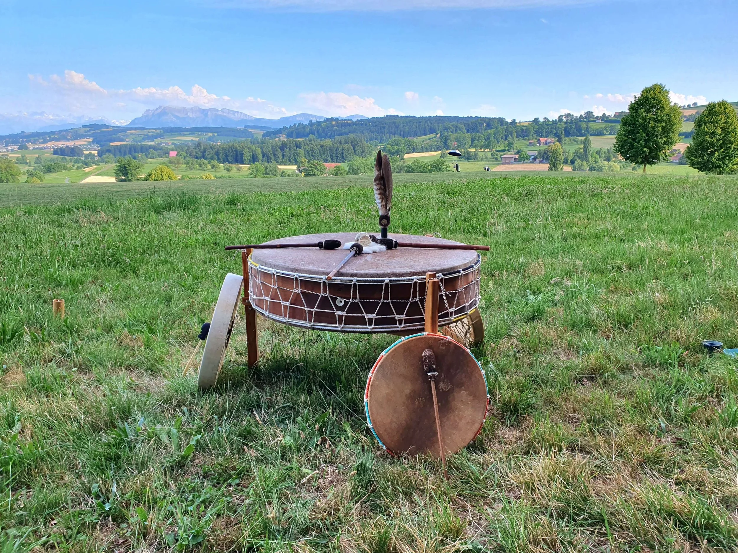 Ein Tambourstock auf einem Waldweg mit grüner Landschaft und Bergen im Hintergrund.