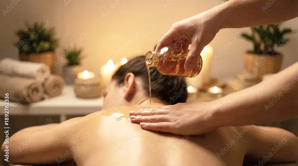 Person erhält eine Massage mit warmem Öl im Spa, mit Kerzen und Handtüchern im Hintergrund.