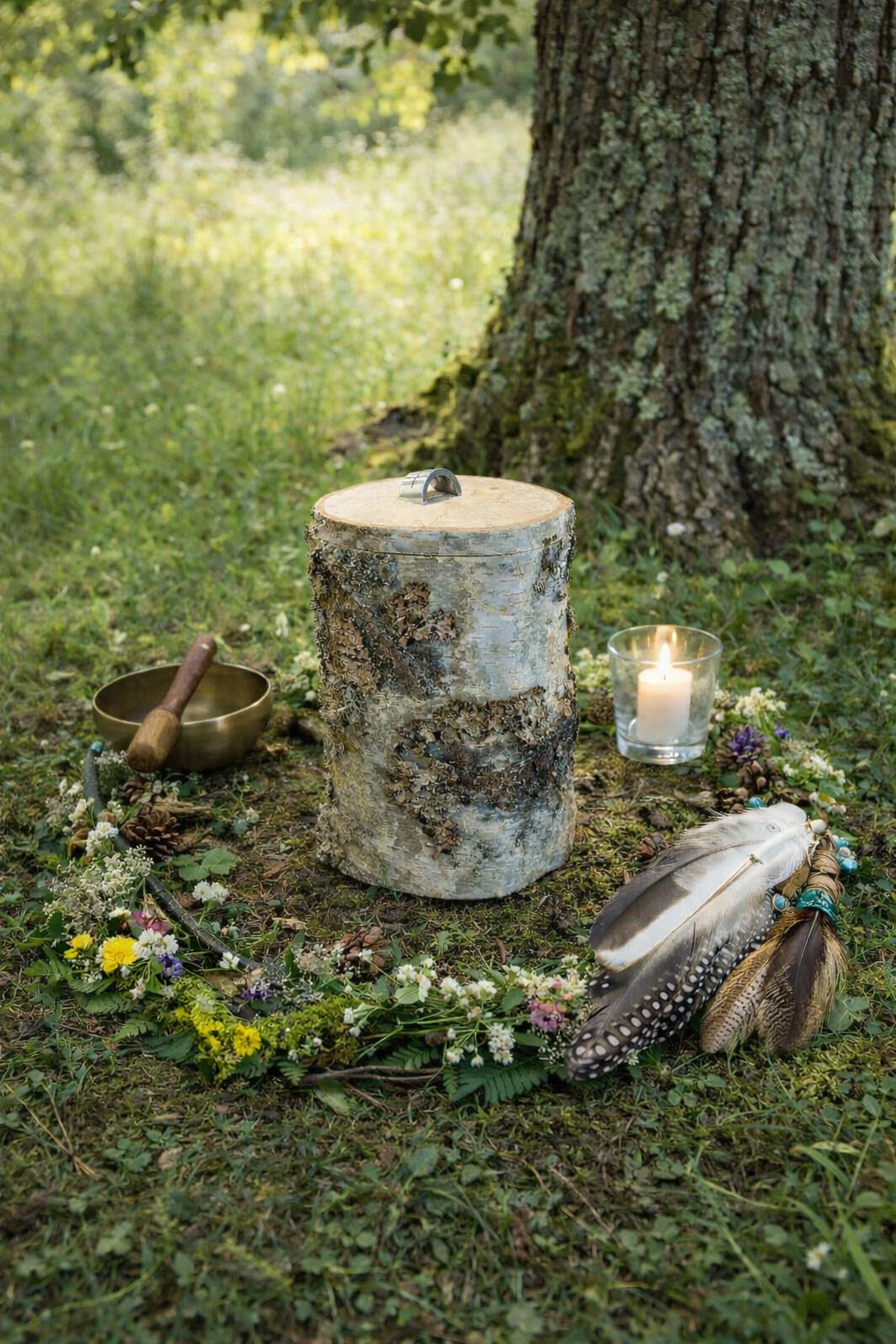 Ein Altar mit Blumen, Kerzen, Muscheln, Tarotkarten, Räucherwerk und anderen spirituellen Gegenständen auf einem Boden aus Holz, möglicherweise für eine spirituelle Zeremonie oder Meditation.