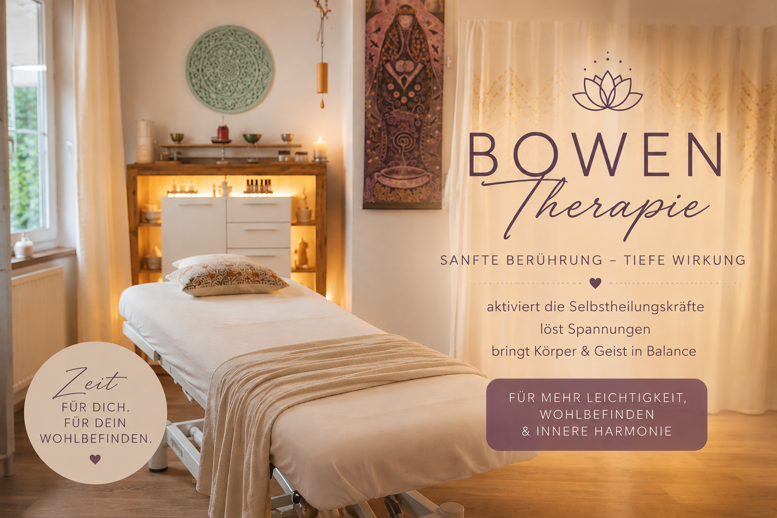 Ein heller Raum mit großen Fenstern, weißen Vorhängen und Holzboden, darin stehen ein Krankenhausbett, ein weißer Stuhl mit Kissen, ein Regal mit Dekorationen und ein Wandbild mit einer spirituellen Darstellung.