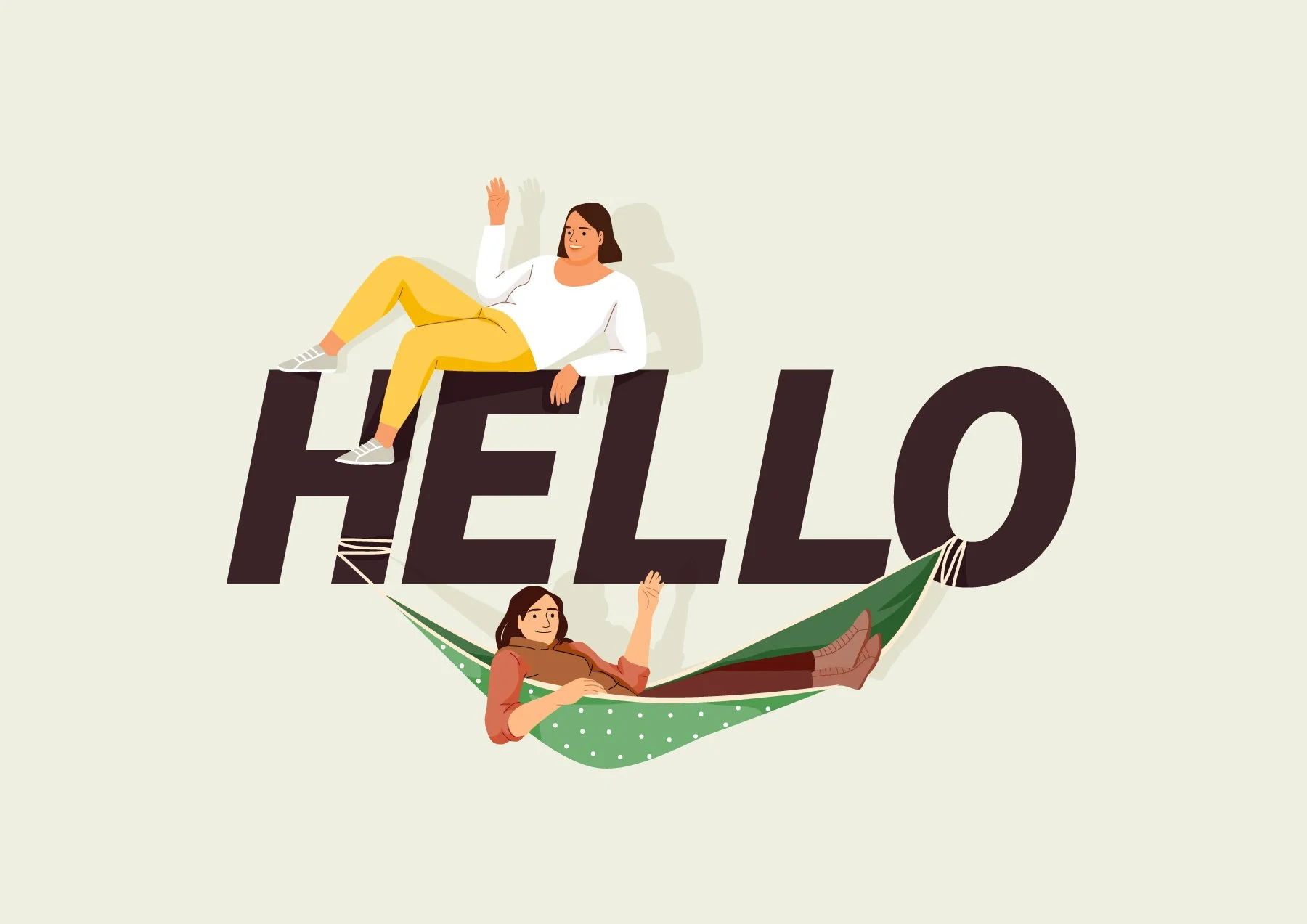 Two women relaxing with the word "HELLO" in large letters, one sitting on top of the letter "H" and the other lying in a hammock underneath the letter "L".