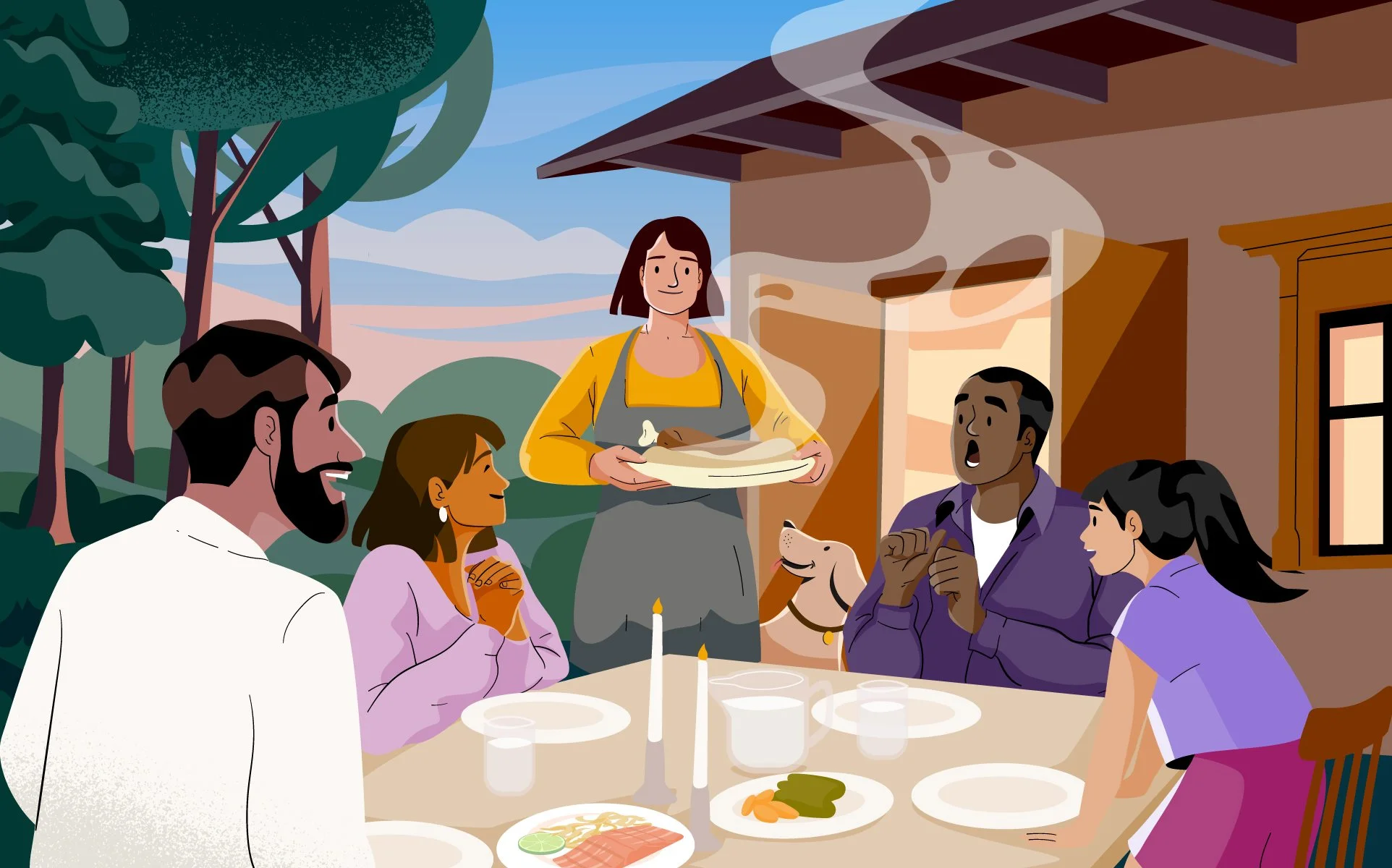 People gathered around a dinner table outside, enjoying a meal with a waitress serving a roasted chicken.