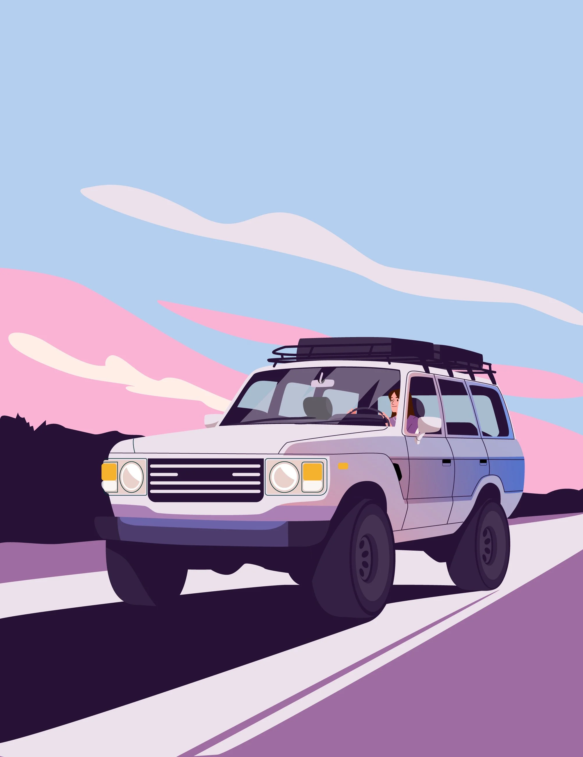 An illustrated image of a white SUV driving on a road during sunset with colorful clouds in the sky.