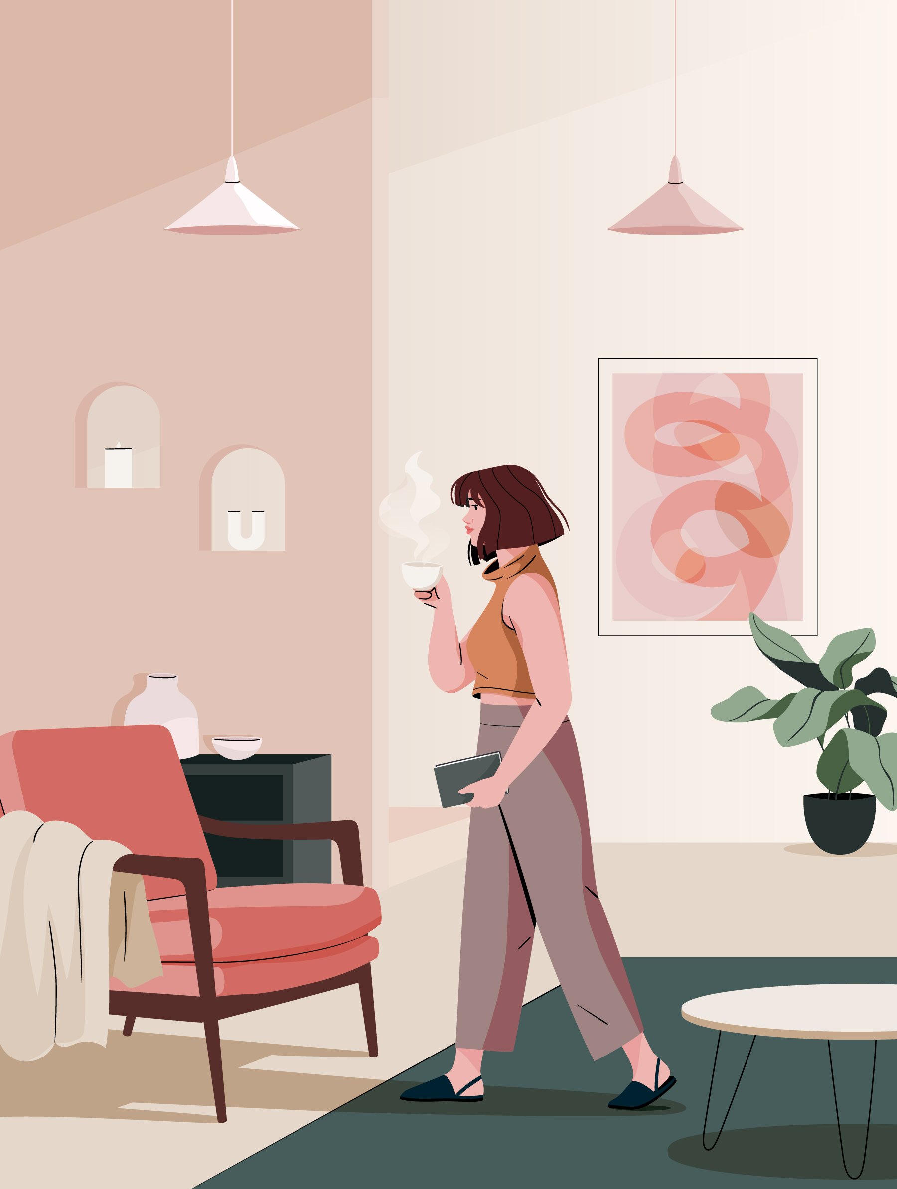 Illustration of a woman with dark hair in a modern living room, holding a steaming bowl and a tablet, with stylish furniture, artwork, and a large potted plant.