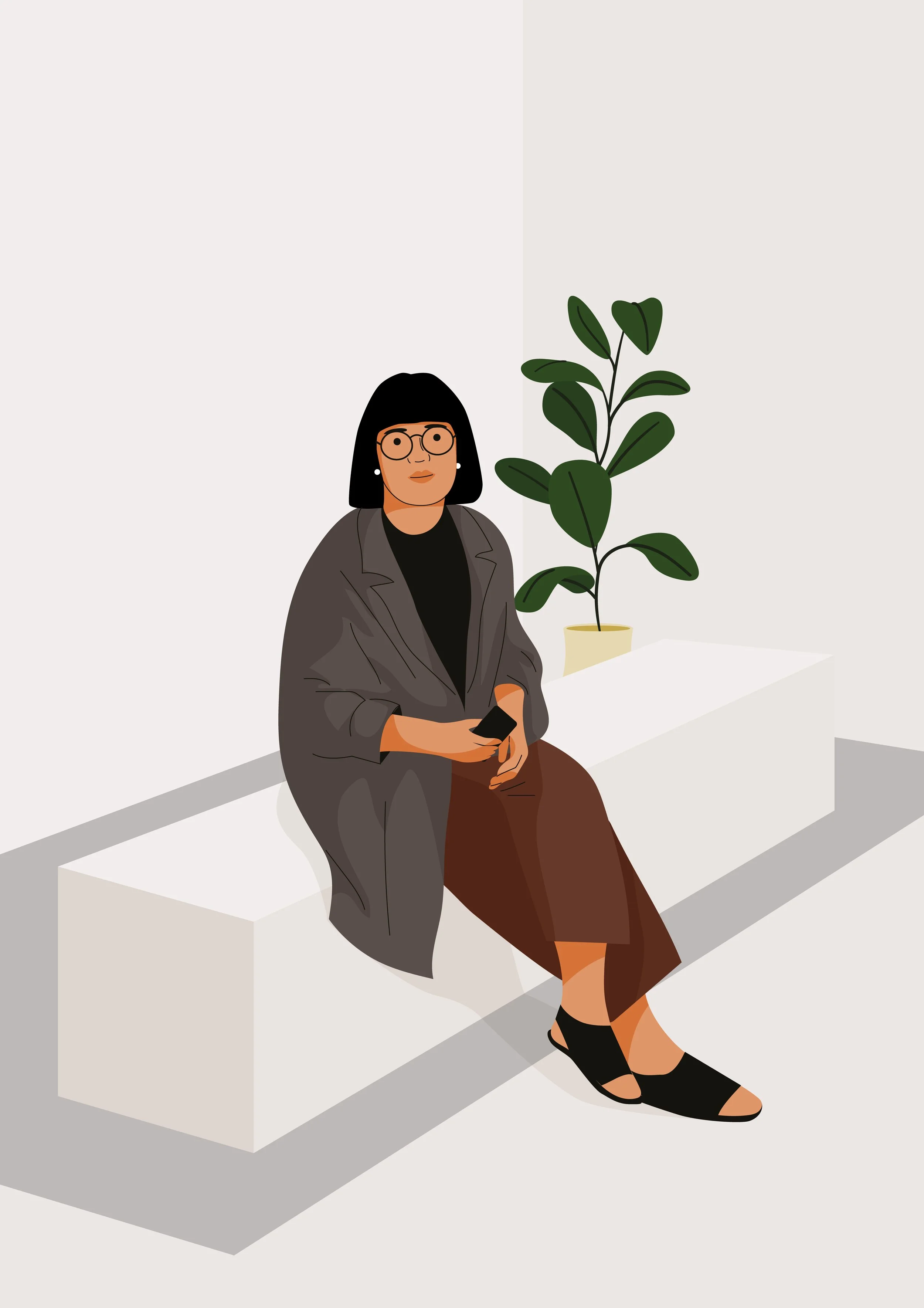 Illustration of a woman sitting on a white bench, holding a smartphone, with a large green potted plant behind her in a minimalistic indoor setting.