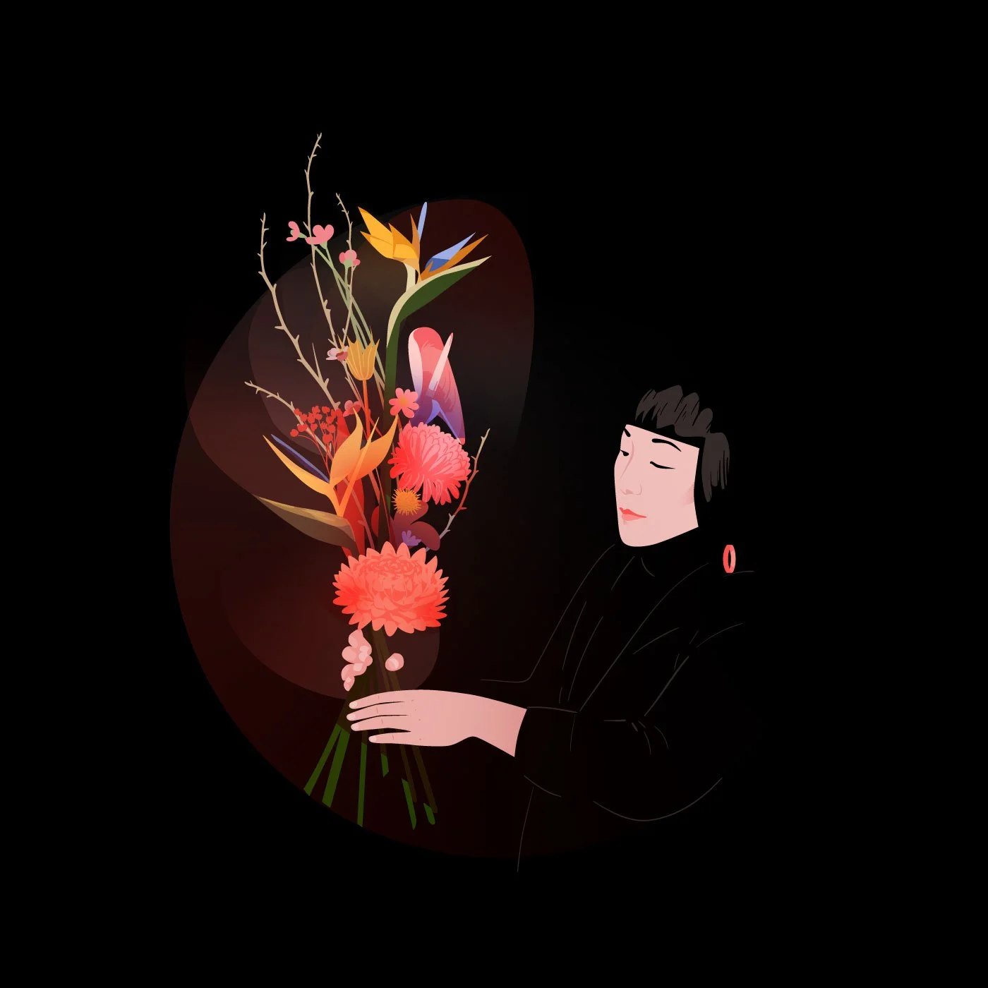 Digital illustration of a woman with short black hair, wearing a black top and pink earrings, holding a colorful bouquet of flowers against a black background.
