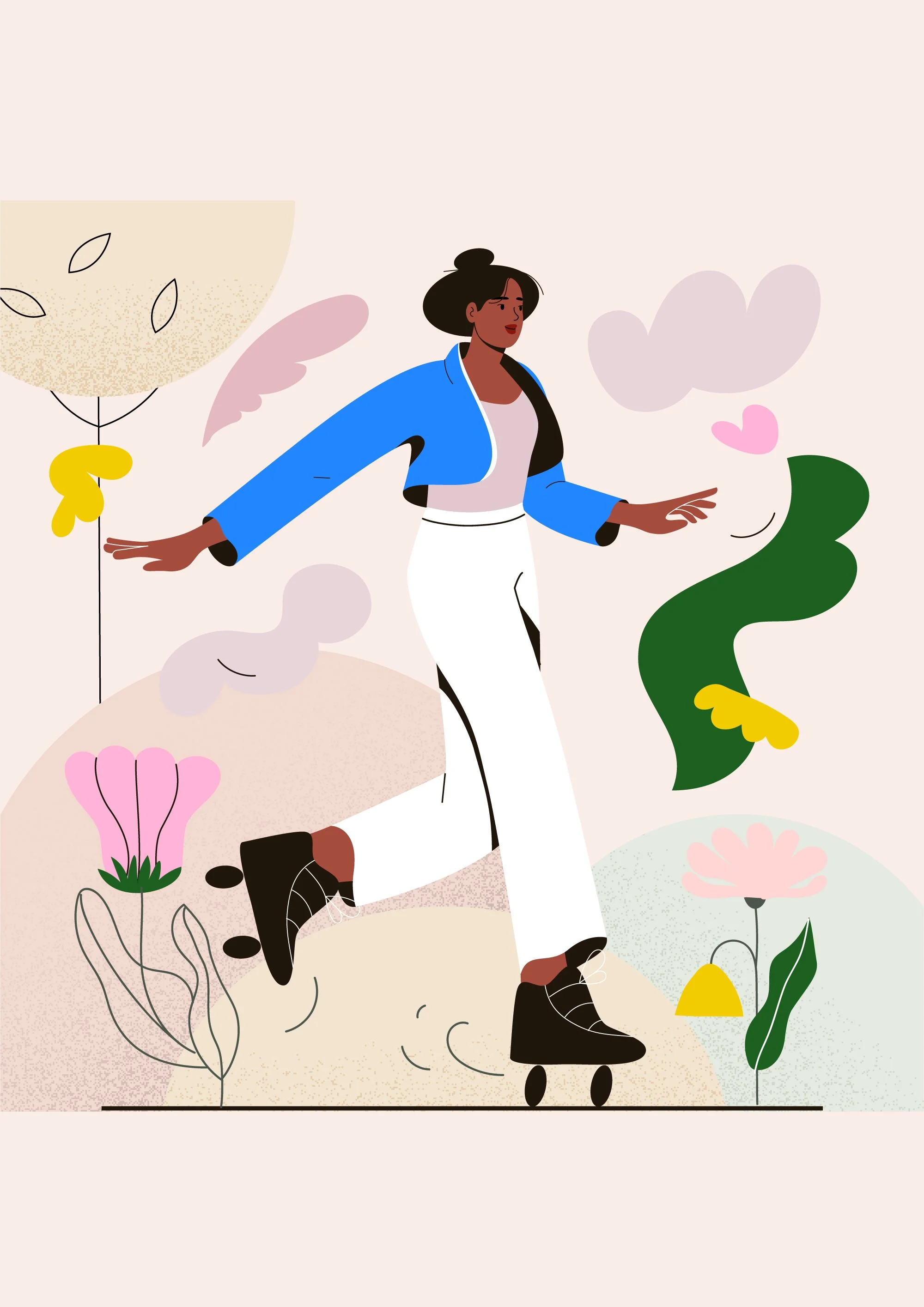 Stylized illustration of a woman skateboarding, surrounded by flowers, clouds, a balloon, and hearts.