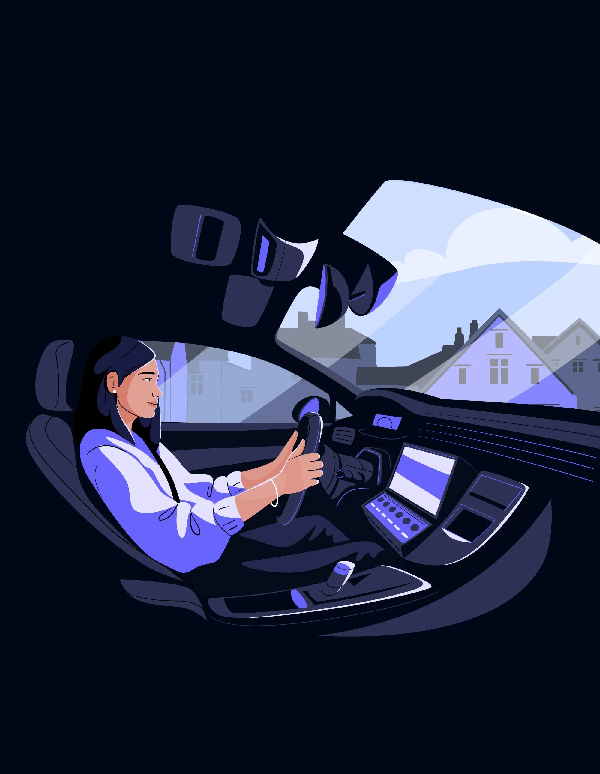 Illustration of a woman driving a modern car, with the dashboard, steering wheel, and various interior features visible, through a windshield showing houses and a partly cloudy sky outside.