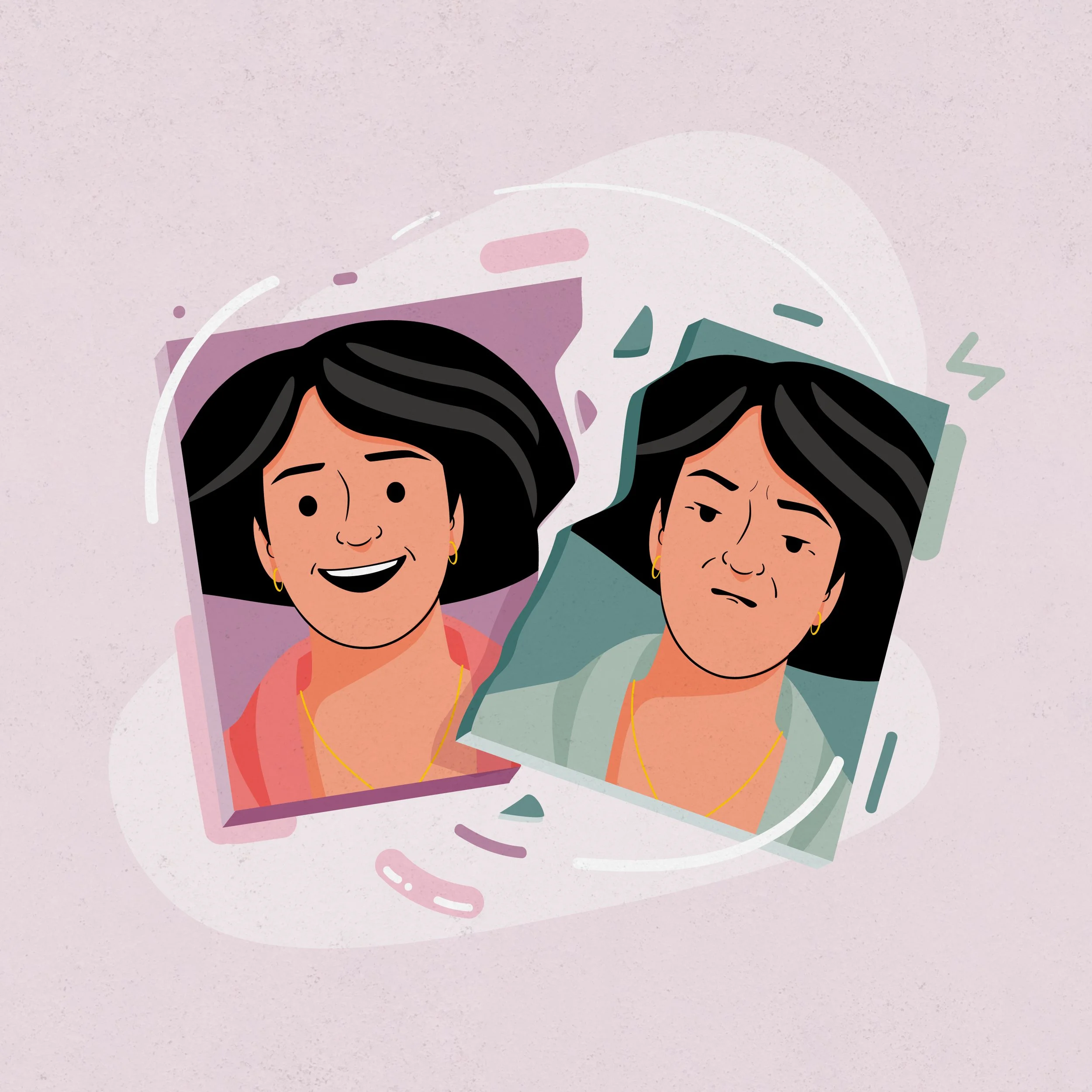 Illustration of two photographs of a woman with black hair, one smiling and one frowning, placed on a light purple textured background.