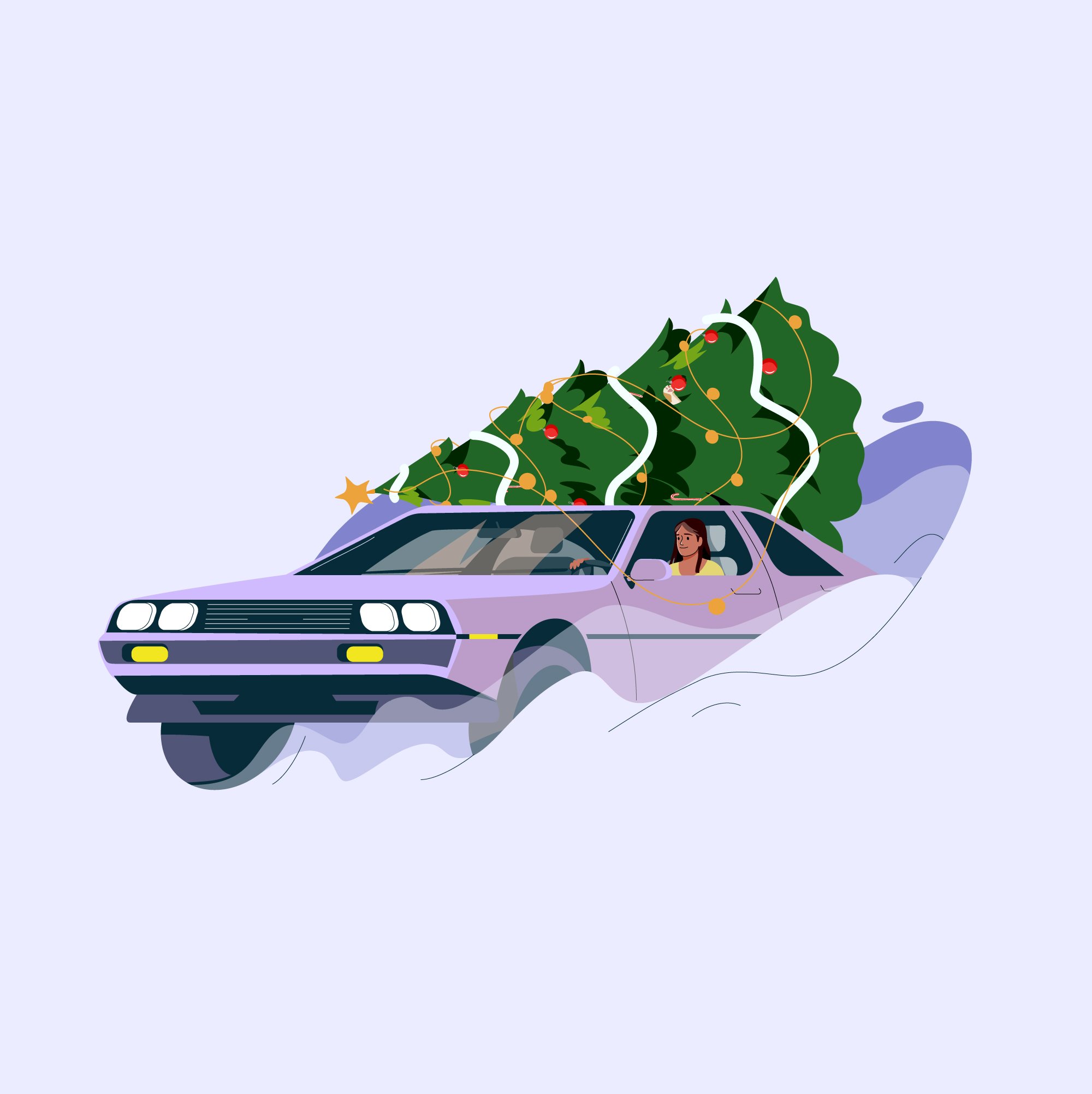A purple car driving through snow with large decorated Christmas trees loaded on its roof and a woman inside.