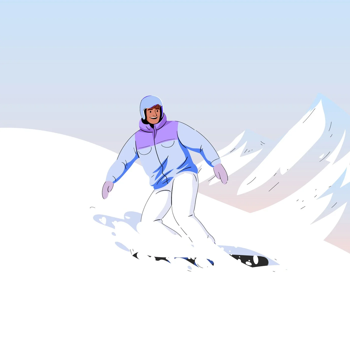 Person skiing on snowy mountain slope during daytime, winter landscape, wearing a blue and purple jacket, white pants, helmet, and gloves.