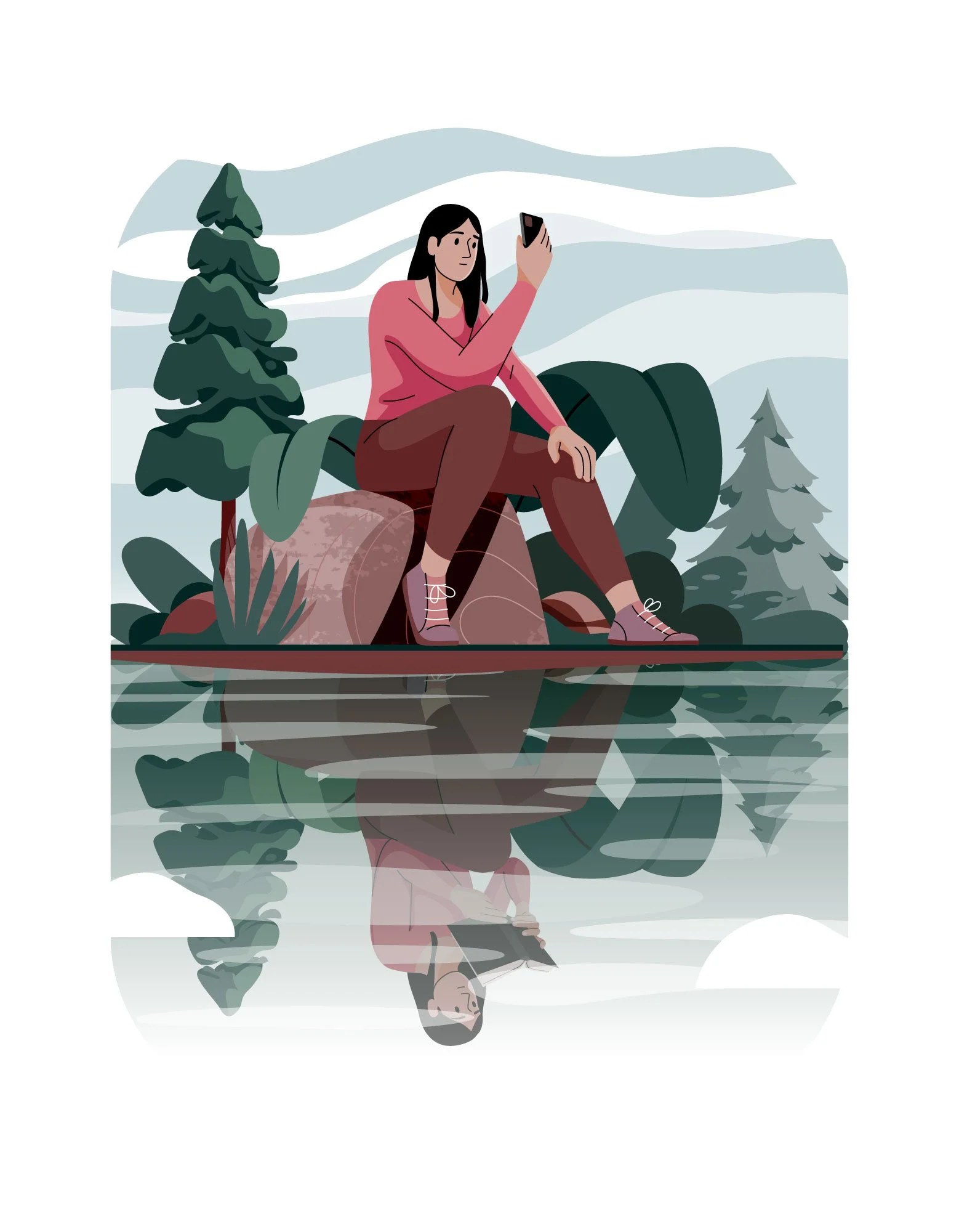 A woman in pink sweater and brown pants sitting on a rock by a lake, taking a selfie with her phone, surrounded by trees and reflection in the water.